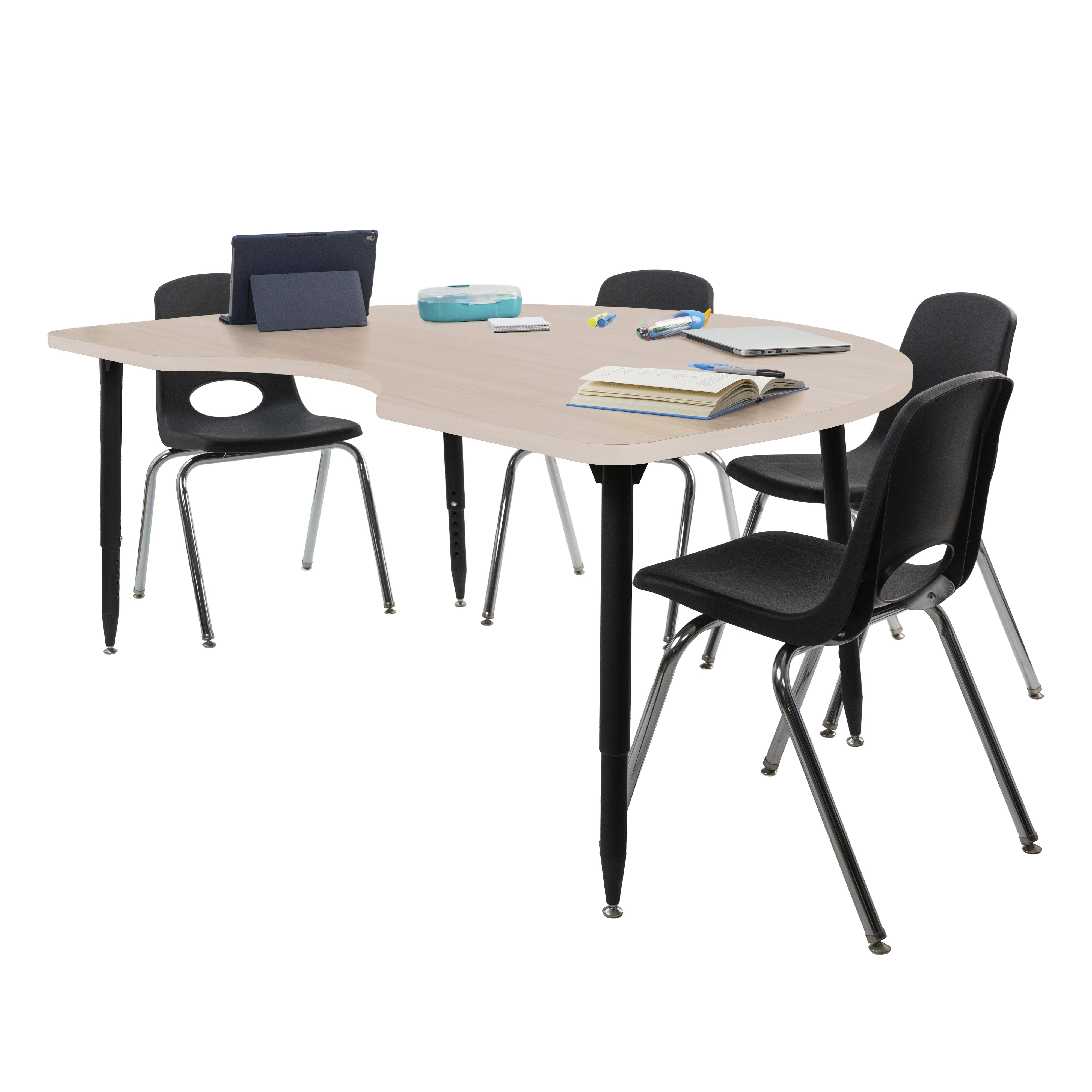 Adapte 48" x 72" Kidney Woodgrain Activity Table with Adjustable Tapered Legs - Asian Sand/Black