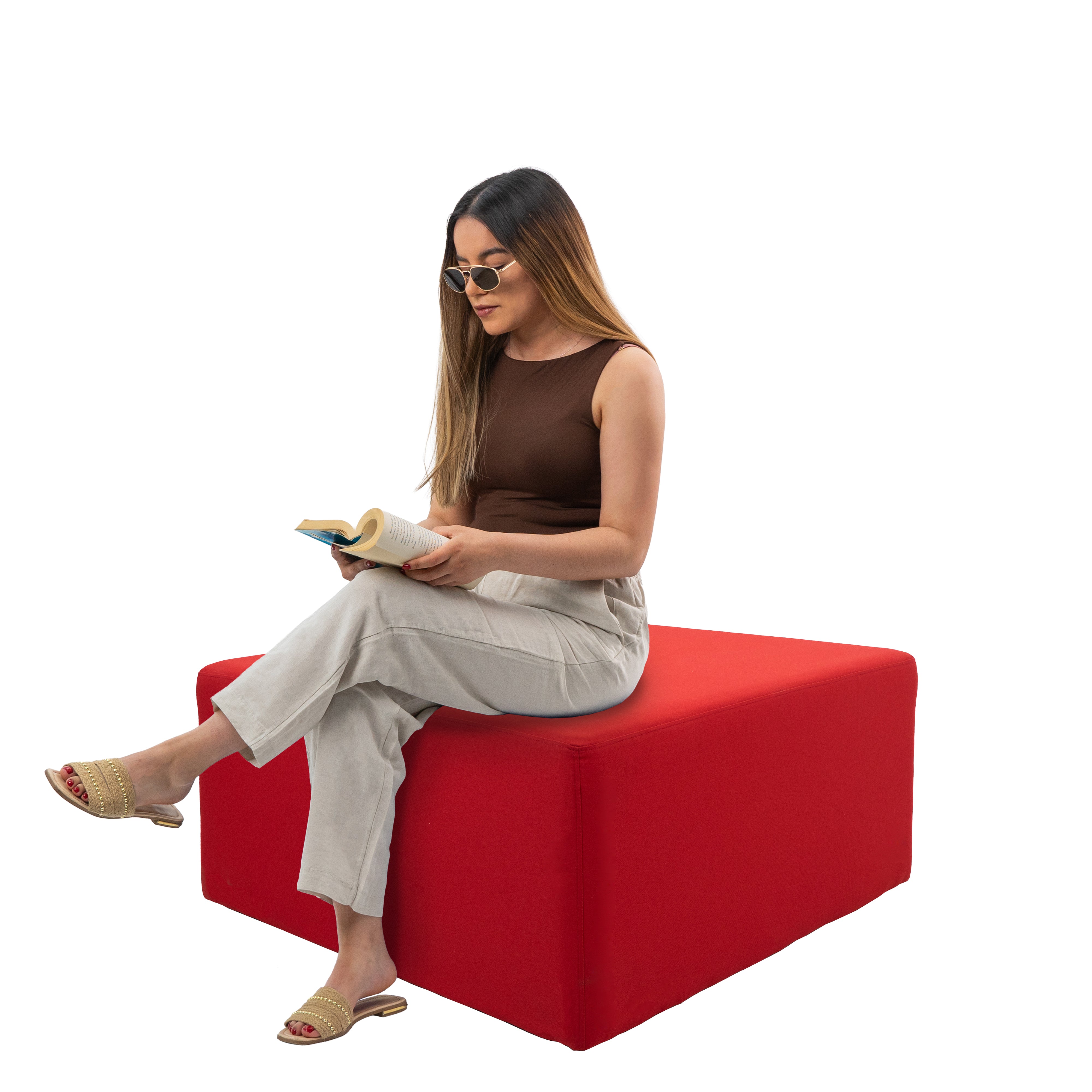 Outdoor 36" Square Ottoman with Sunbrella®, 18" H - Canvas Jockey Red