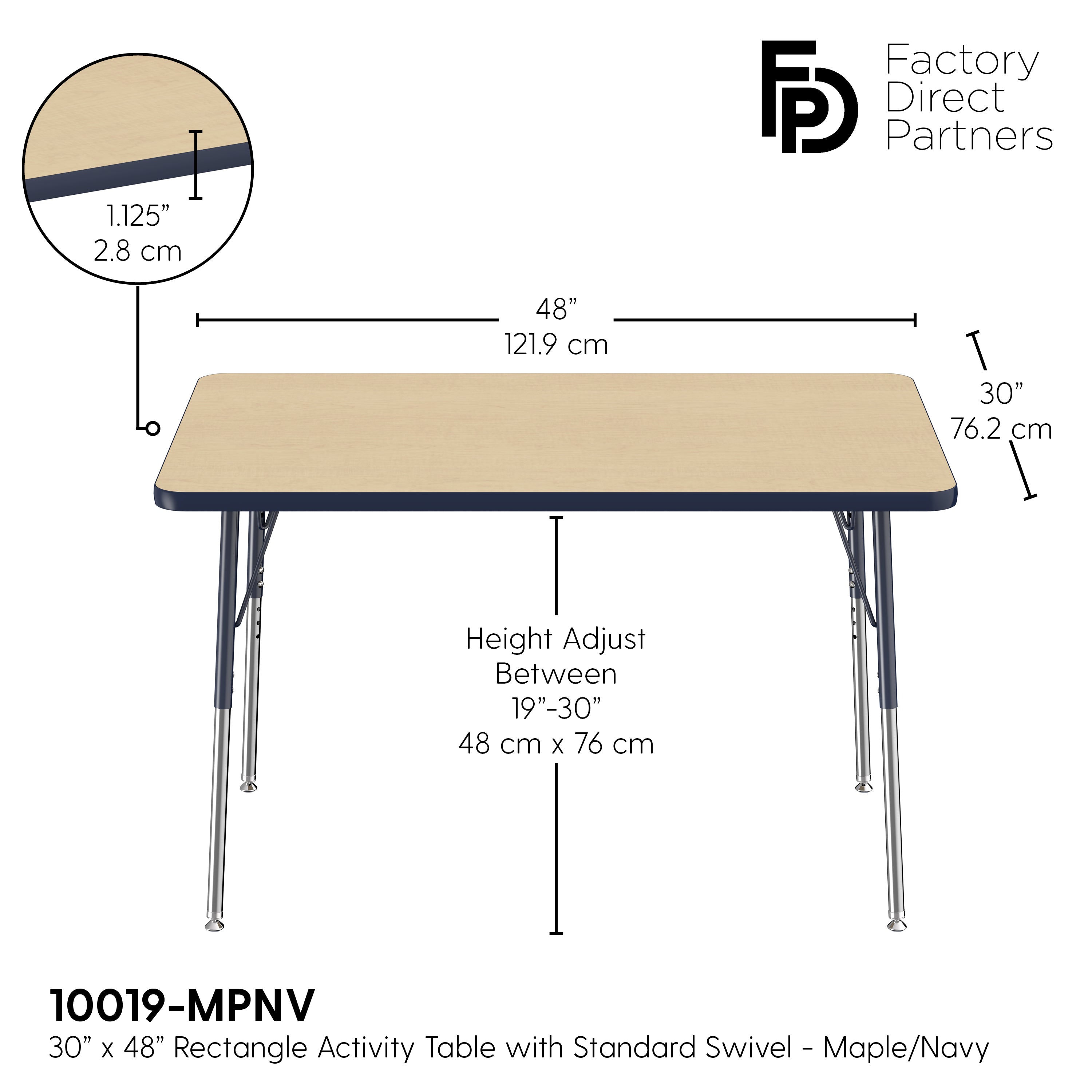 30" x 48" Rectangle T-Molding Activity Table with Adjustable Standard Swivel Glide Legs - Maple/Navy