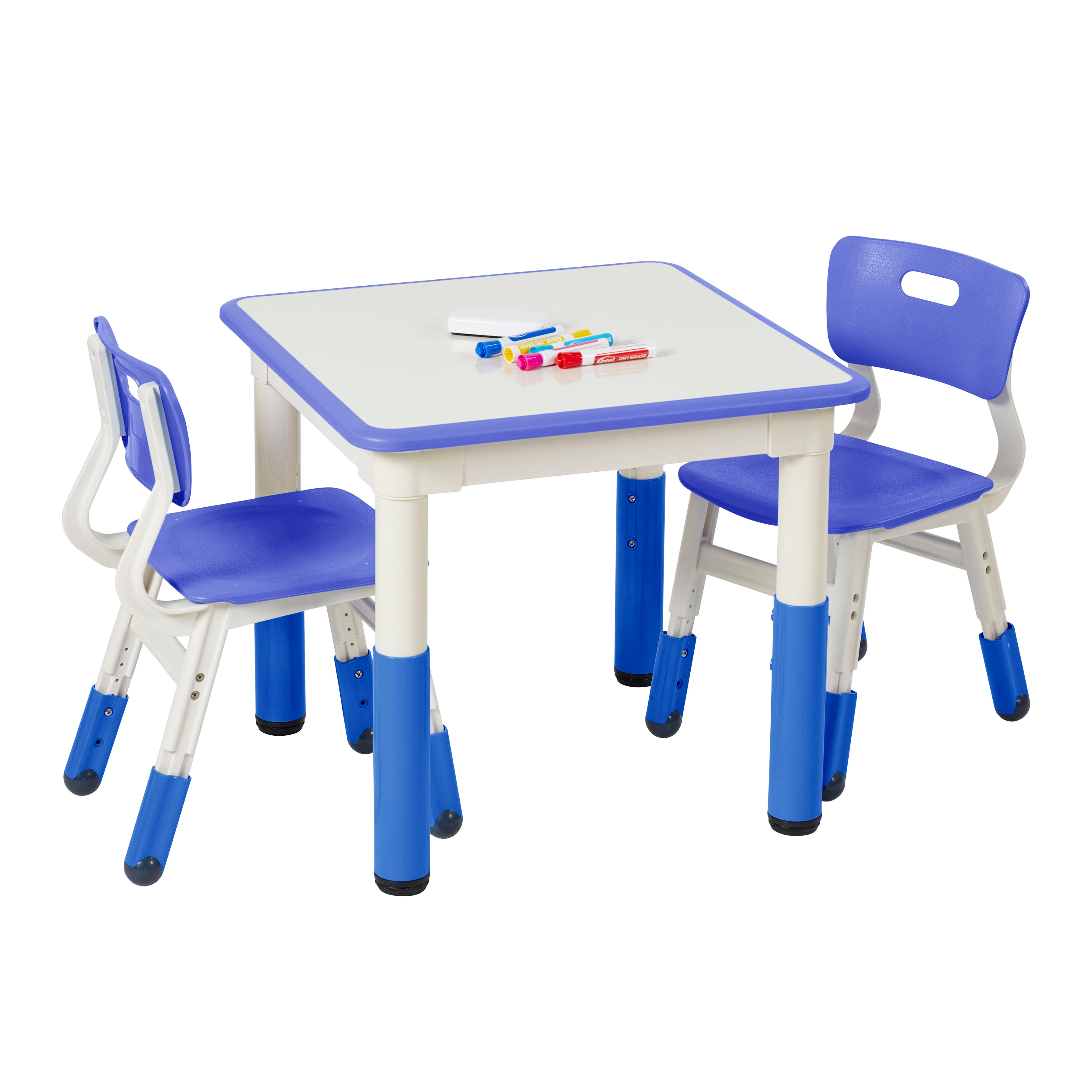 23in x 23in Square Dry-Erase Activity Table and 2 Adjustable Height Plastic Chairs - Blue