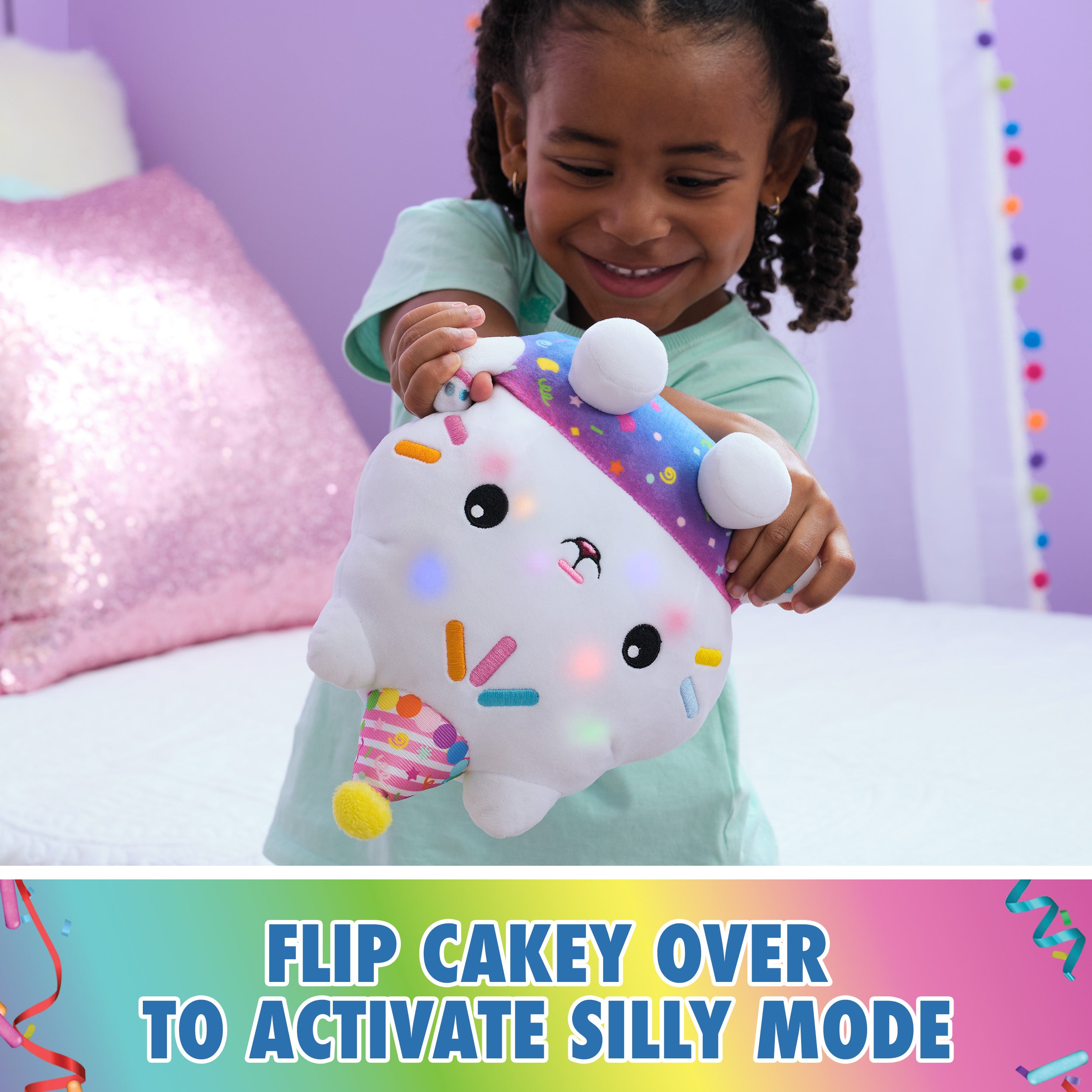 Gabby’s Dollhouse Celebrations, Sprinkle Party Cakey Cat Plush, 10-Inch Interactive Stuffed Animal with Sounds, Kids Toys for Girls & Boys Ages 3+
