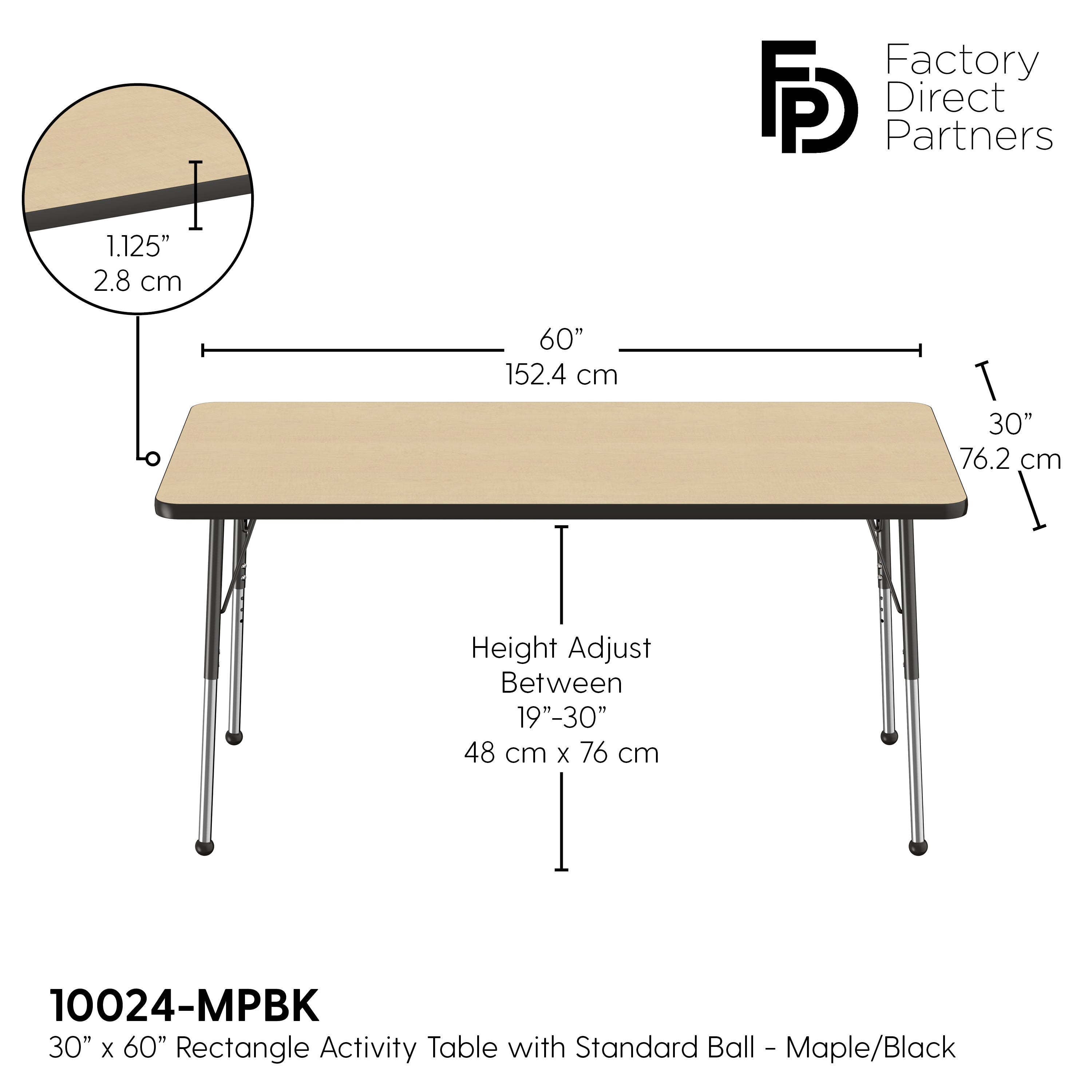 30" x 60" Rectangle T-Molding Activity Table with Adjustable Standard Ball Glide Legs - Maple/Black
