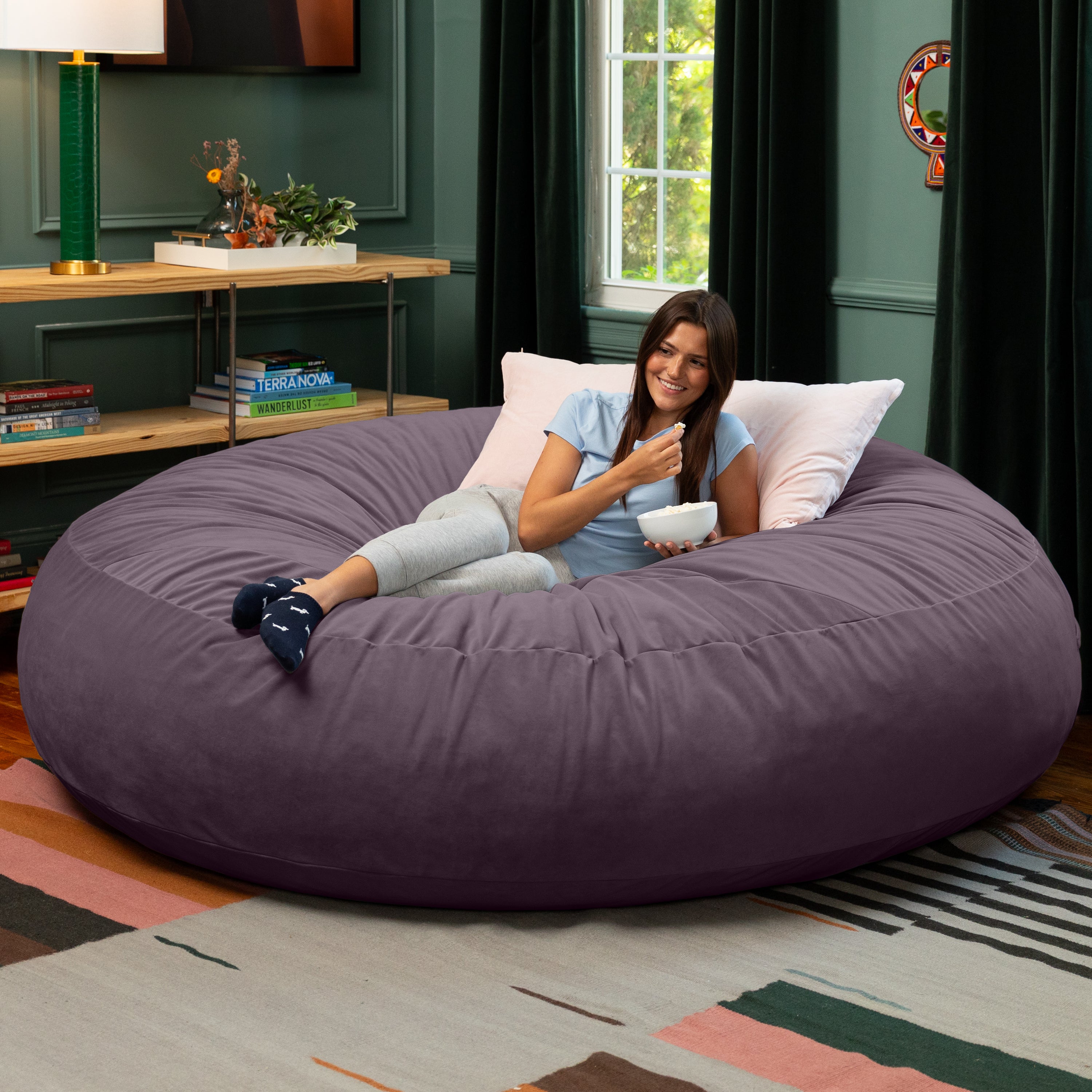 Jaxx 6 Foot Cocoon - 2-in-1 Convertible Bean Bag Bed & Large Bean Bag Chair for Adults, Premium Lush Velvet - Purple