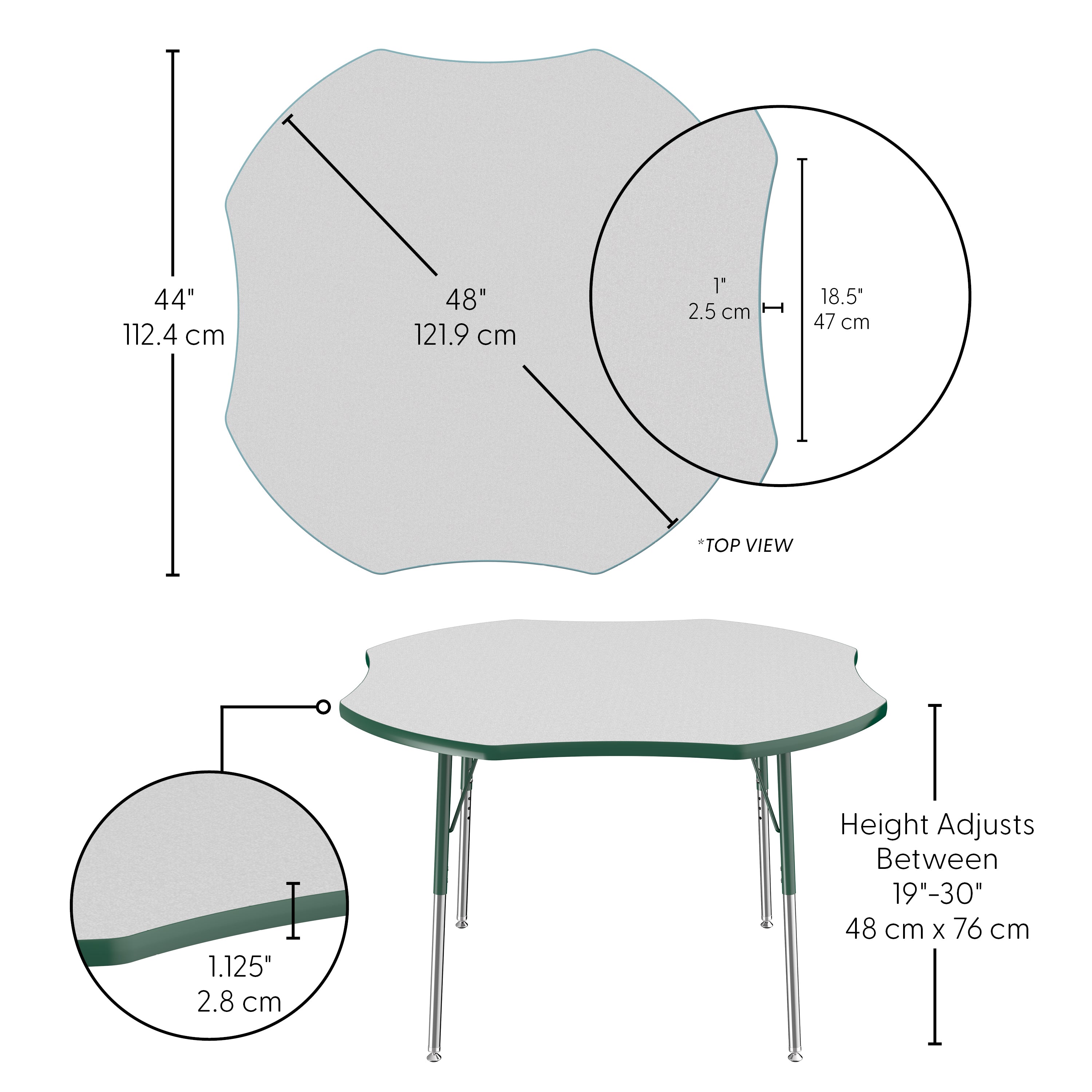 48" x 48" Clover T-Molding Activity Table with Adjustable Standard Swivel Glide Legs - Gray/Green