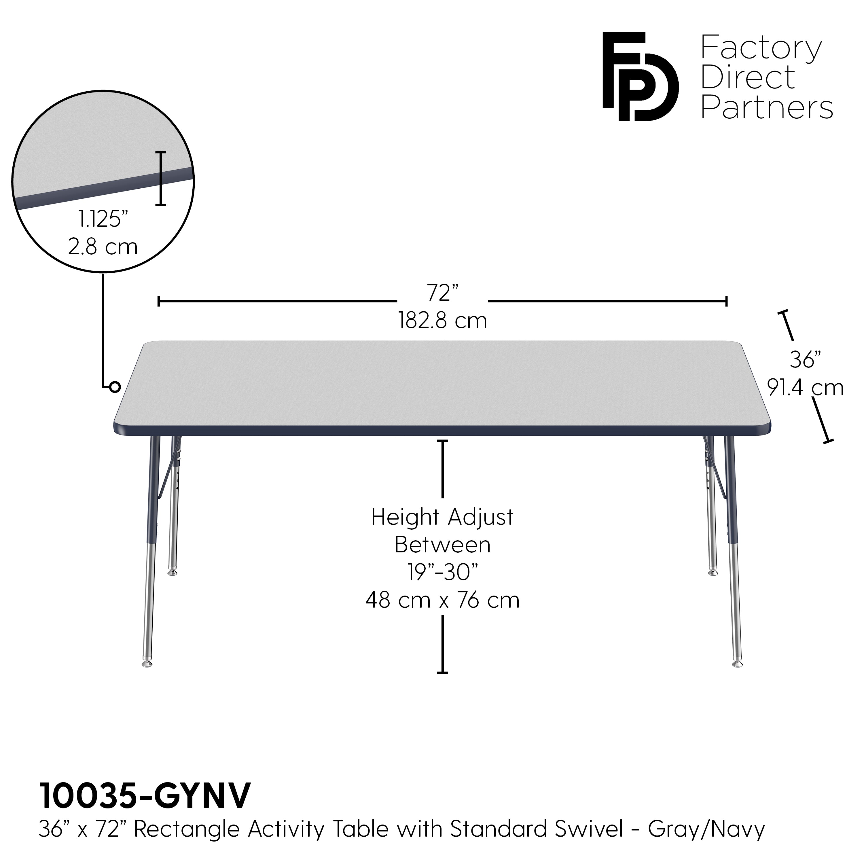 36" x 72" Rectangle T-Molding Activity Table with Adjustable Standard Swivel Glide Legs - Gray/Navy