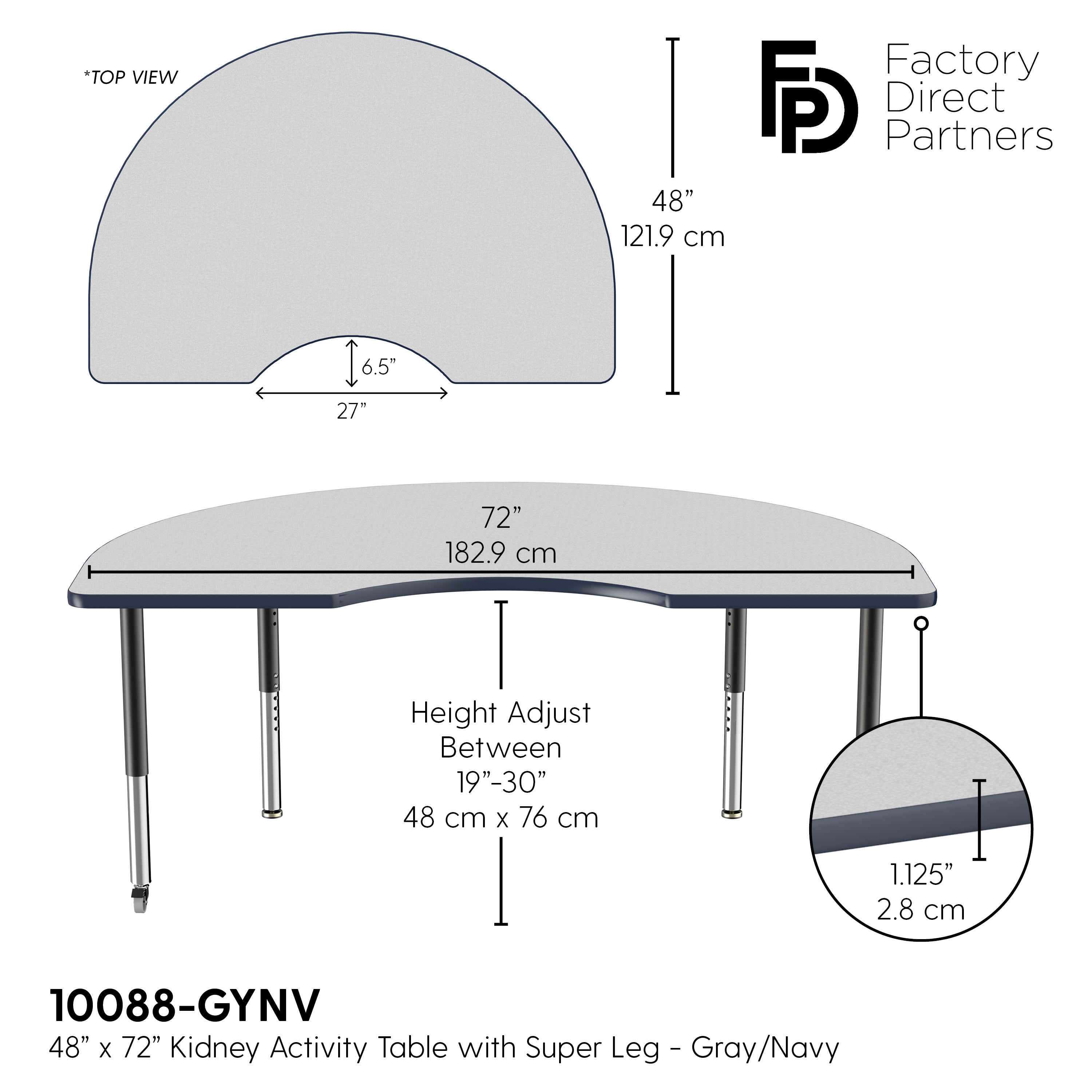 48" x 72" Kidney T-Molding Activity Table with Adjustable Super Legs - Gray/Navy/Black