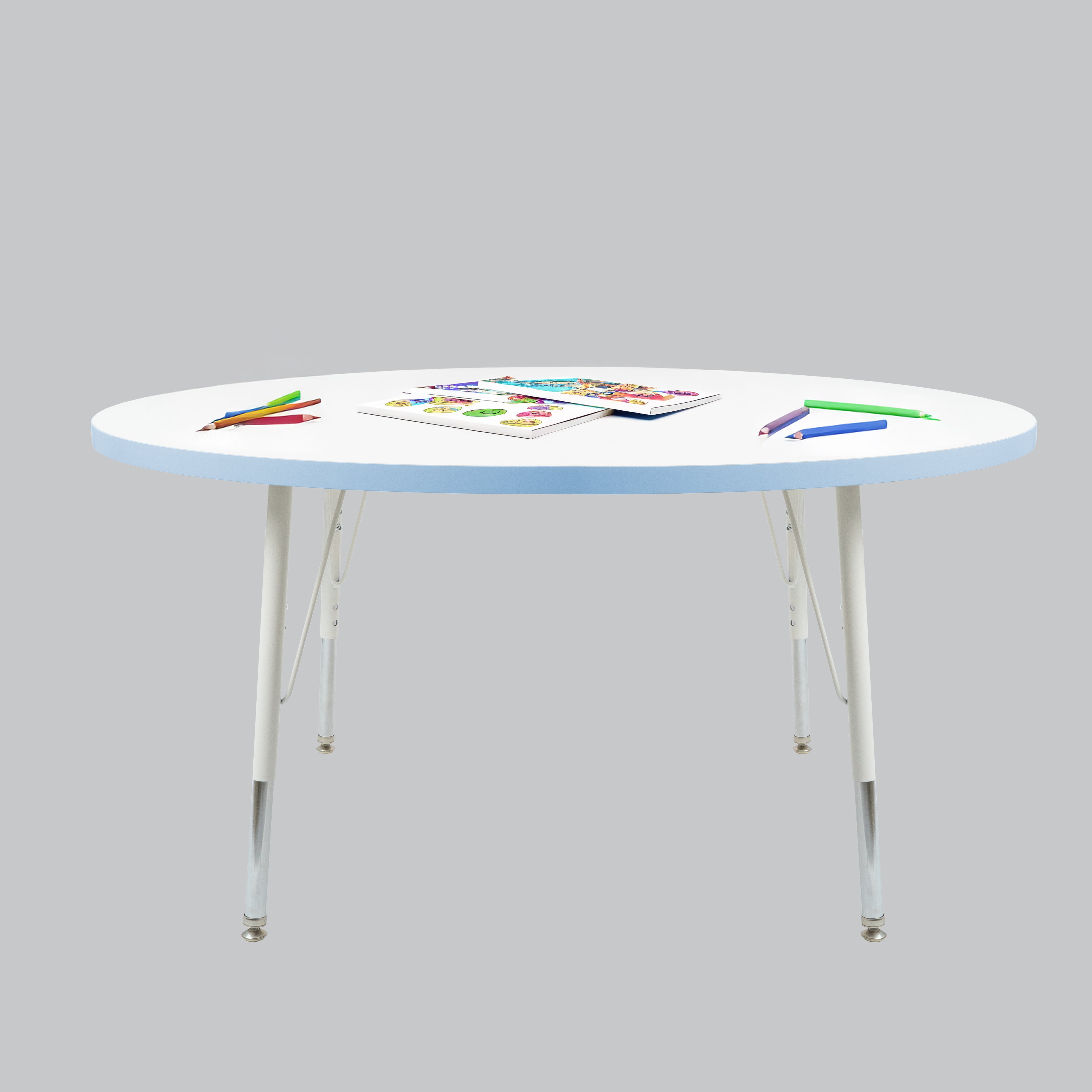 48" Round Thermofused Activity Table with Adjustable Standard Swivel Glide Legs - White/Powder Blue/White