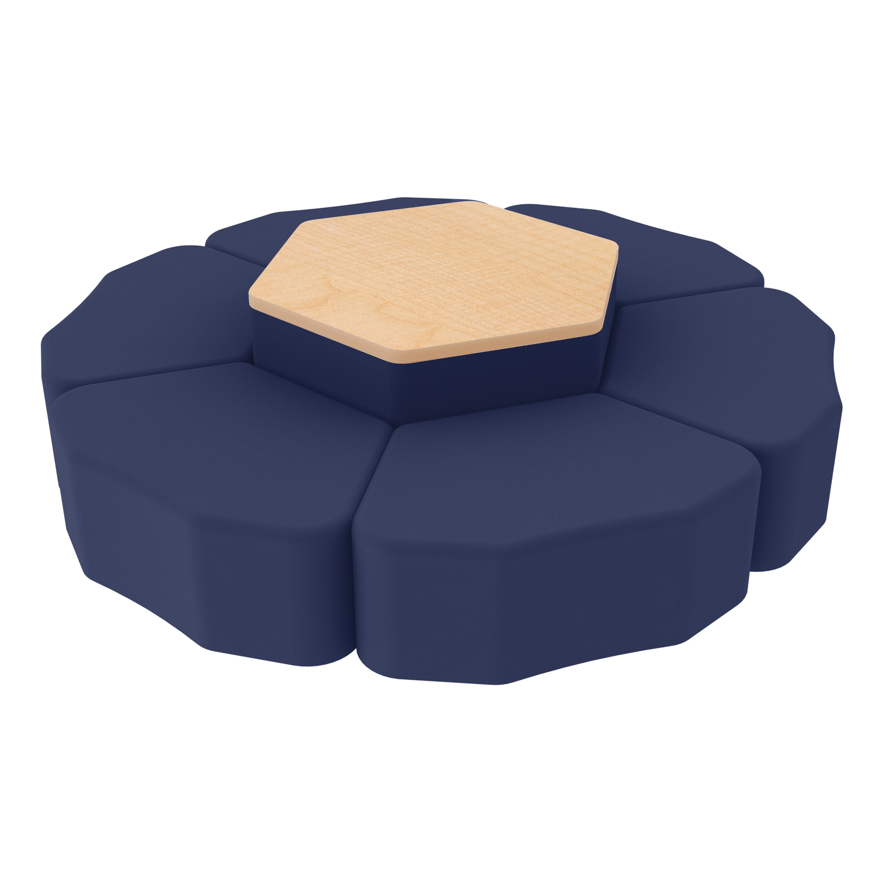 Pro Series Hexagon Ottoman Table with Petal 12" H Seating, 7-Piece Set - Navy/Maple