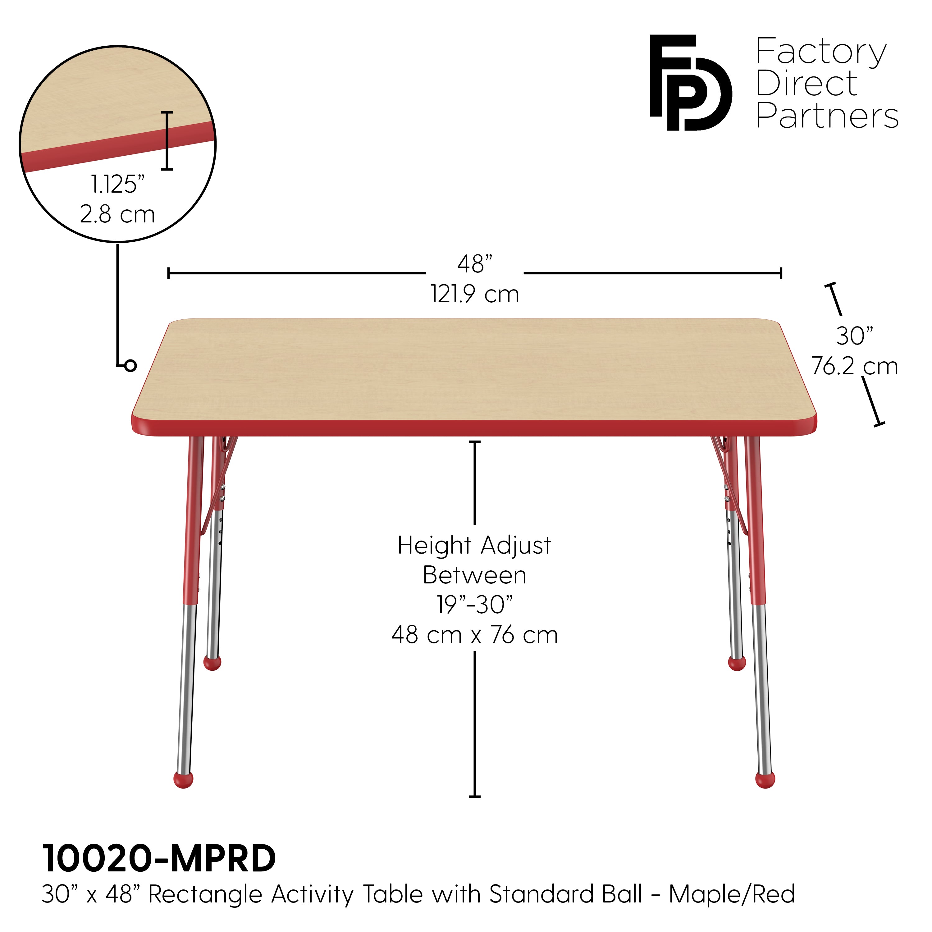 30" x 48" Rectangle T-Molding Activity Table with Adjustable Standard Ball Glide Legs - Maple/Red