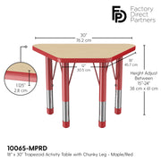18" x 30" Trapezoid T-Molding Activity Table with Adjustable Chunky Legs - Maple/Red