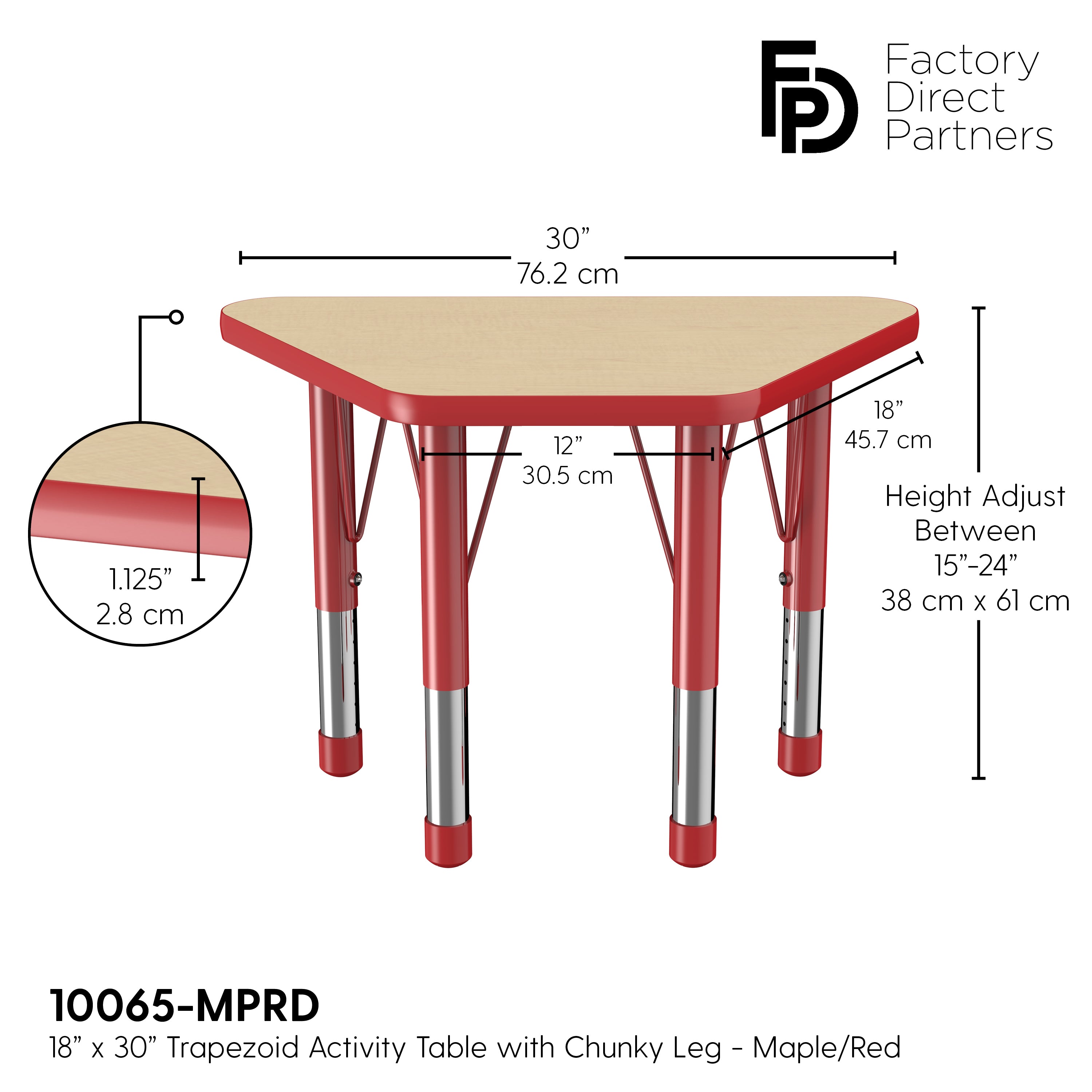 18" x 30" Trapezoid T-Molding Activity Table with Adjustable Chunky Legs - Maple/Red