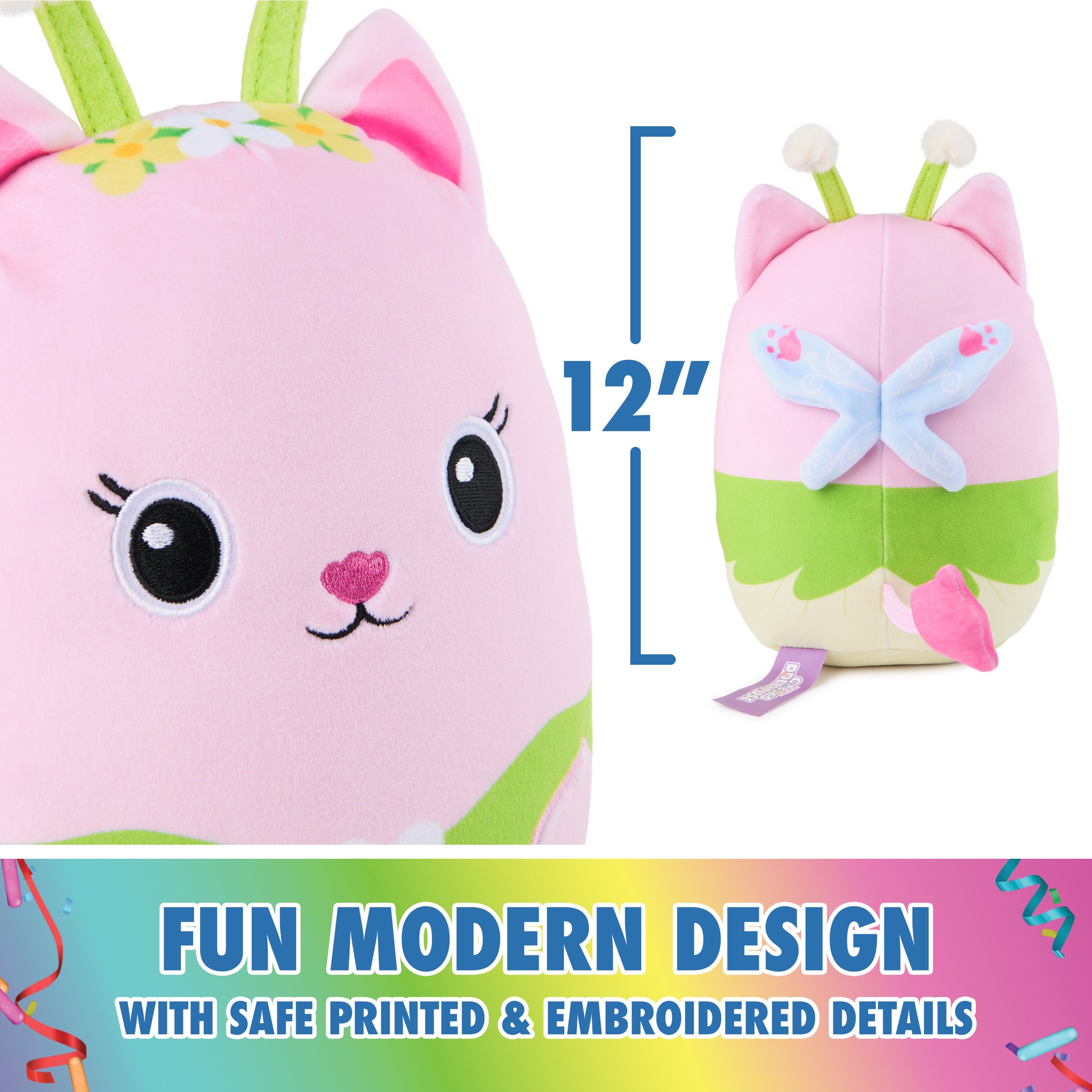 Gabby’s Dollhouse Official Kitty Fairy Squishy Plush Toy, Cat Stuffed Animal, Squishy Toys for Ages 1 & Up, Pink/Green, 12”