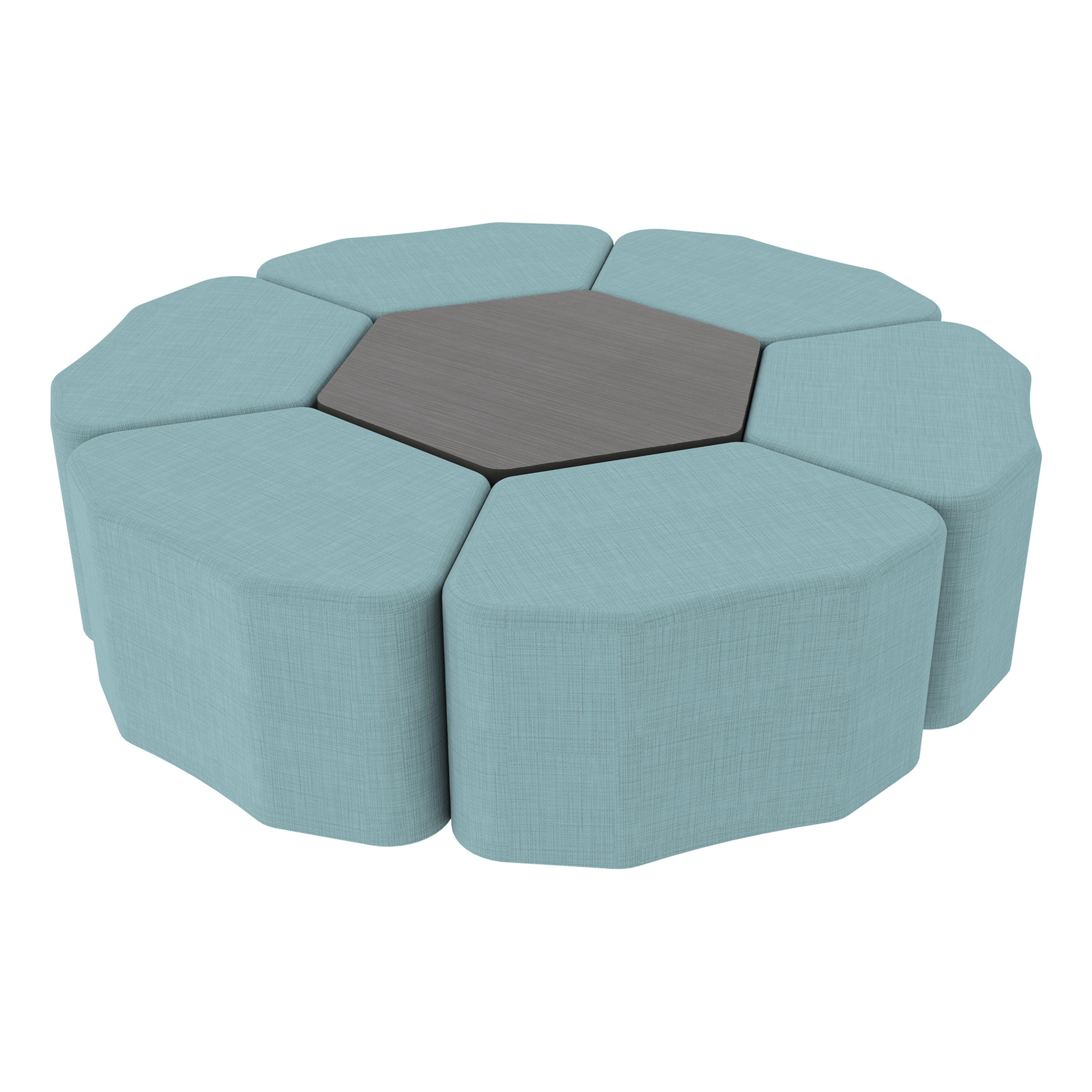 Pro Series Hexagon Ottoman Table with Petal 18" H Seating, 7-Piece Set - Sky Blue Crosshatch/Cosmic Strandz