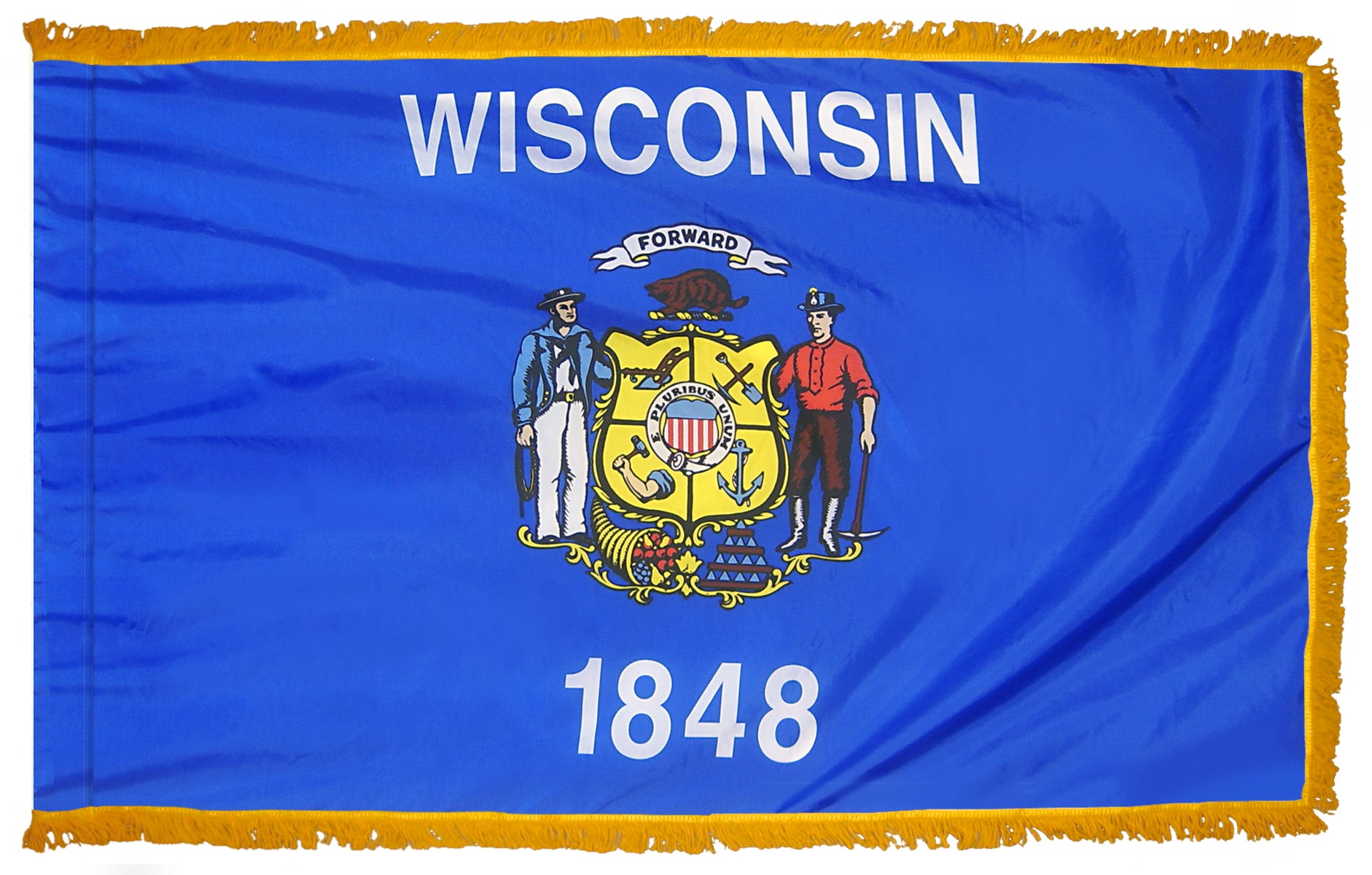 Wisconsin State Flag 3x5 ft. Nylon with Pole Sleeve and Gold Fringe for Parades, and Indoor Display