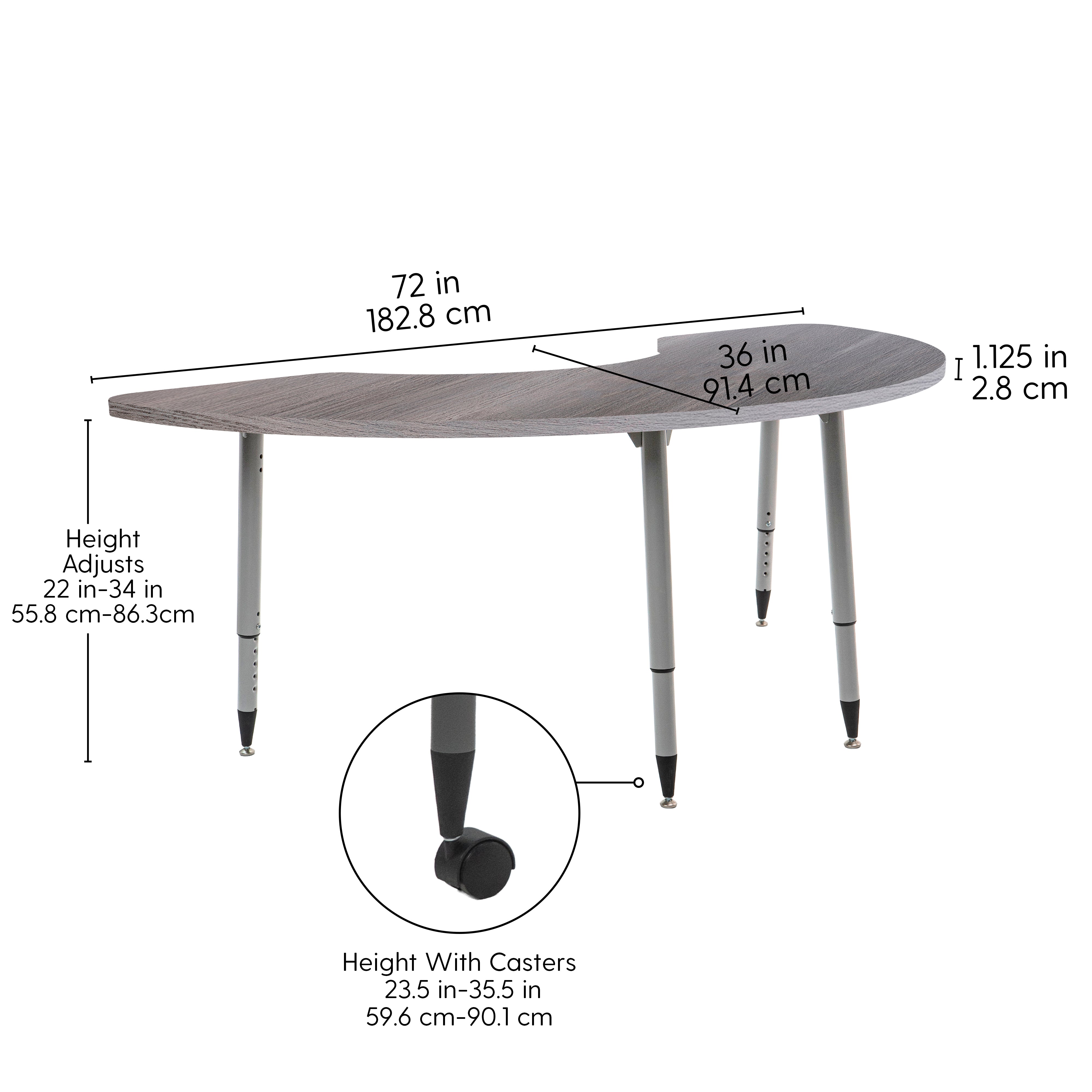 Adapte 36" x 72" Half Moon Woodgrain Activity Table with Adjustable Tapered Legs - Gray Wood/Silver