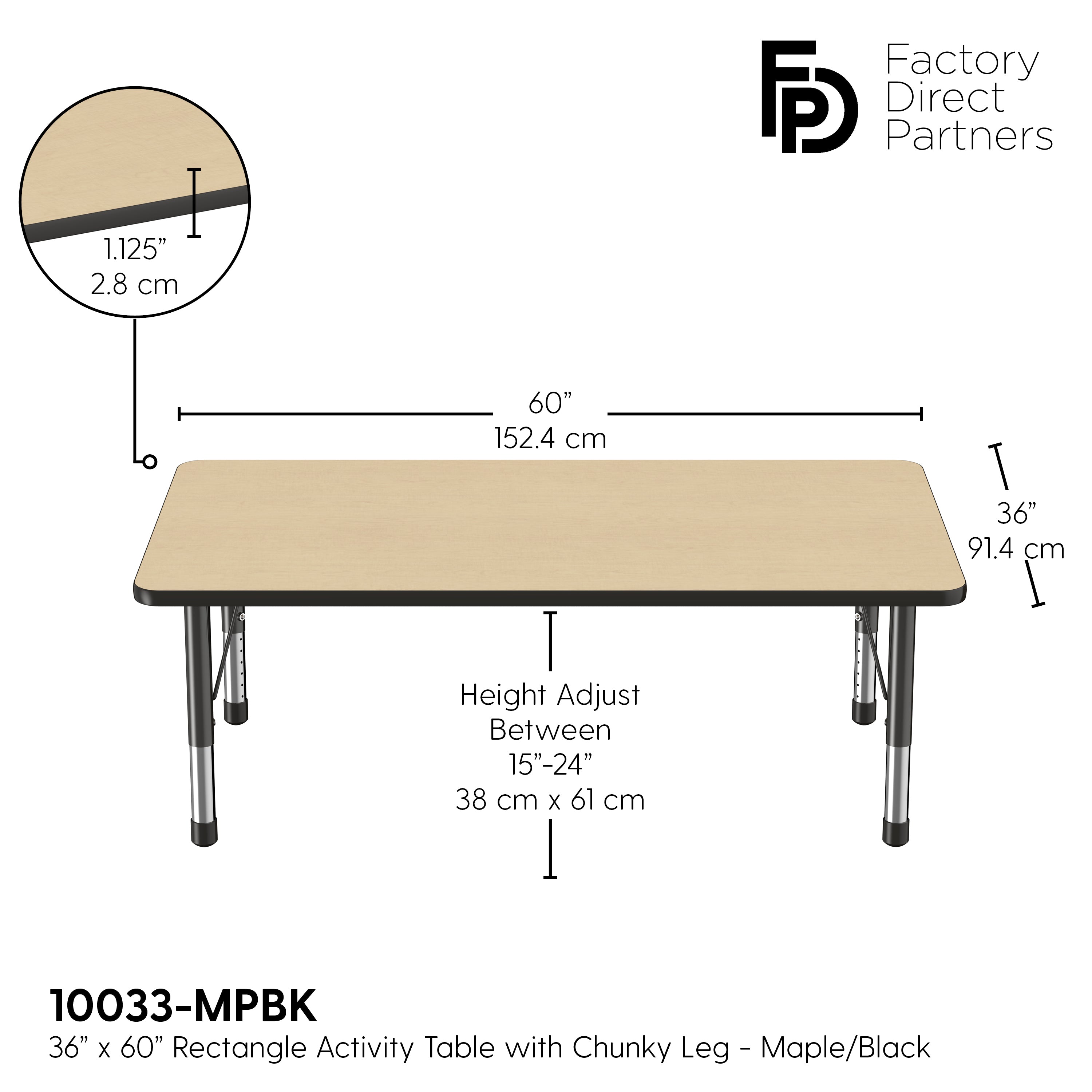 36" x 60" Rectangle T-Molding Activity Table with Adjustable Chunky Legs - Maple/Black