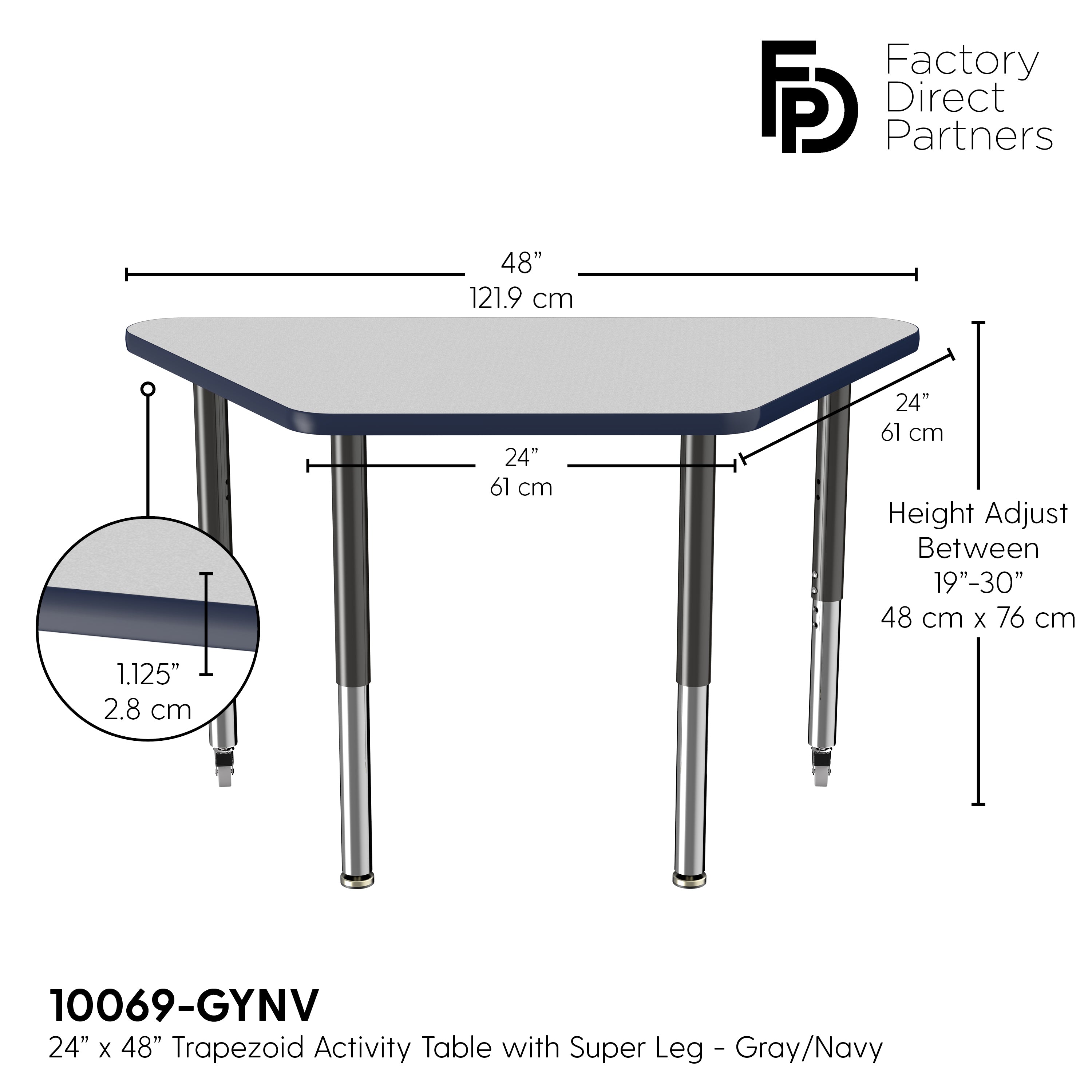 24" x 48" Trapezoid T-Molding Activity Table with Adjustable Super Legs - Gray/Navy/Black