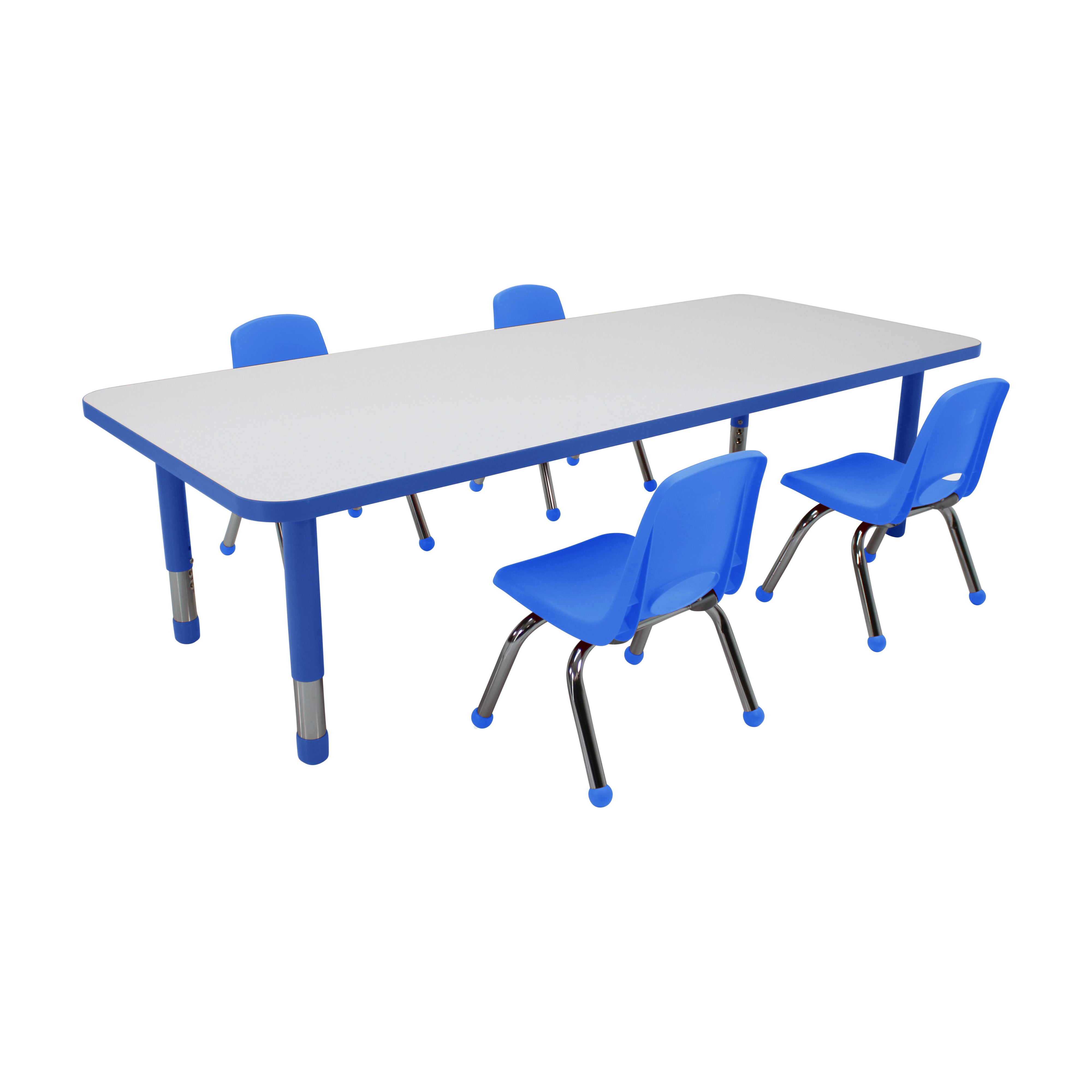 30" x 72" Rectangle Dry-Erase Activity Table with Chunky Legs and 10" Stack Chairs with Ball Glides, 5-Piece Set - Whiteboard/Blue