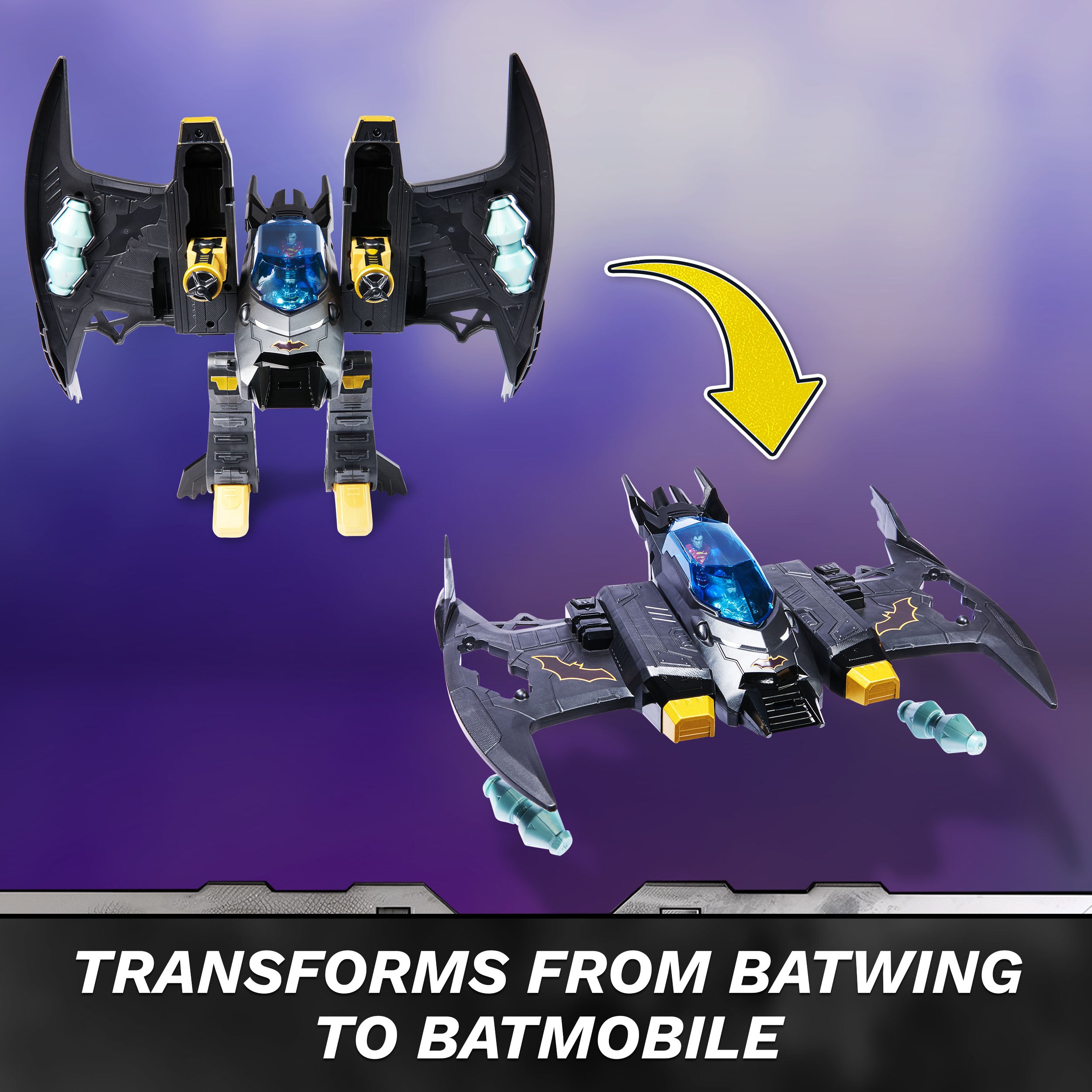 DC Comics, Metal Force Transforming Batwing, 2-in-1 Playset, Includes Batman and Superman Figures, with Projectiles and Character Cards, Kids Toy for Boys Ages 4 and Up
