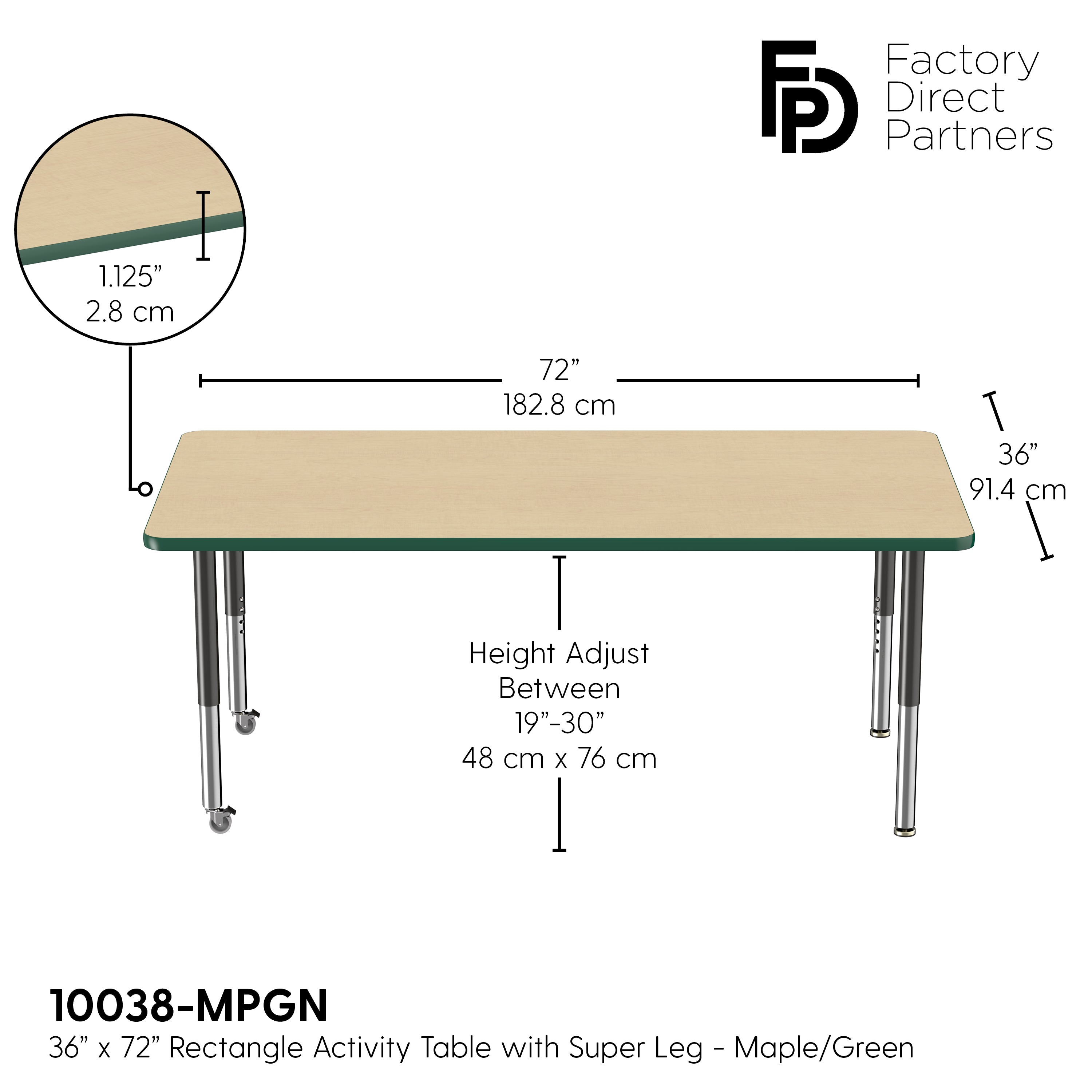 36" x 72" Rectangle T-Molding Activity Table with Adjustable Super Legs - Maple/Green/Black
