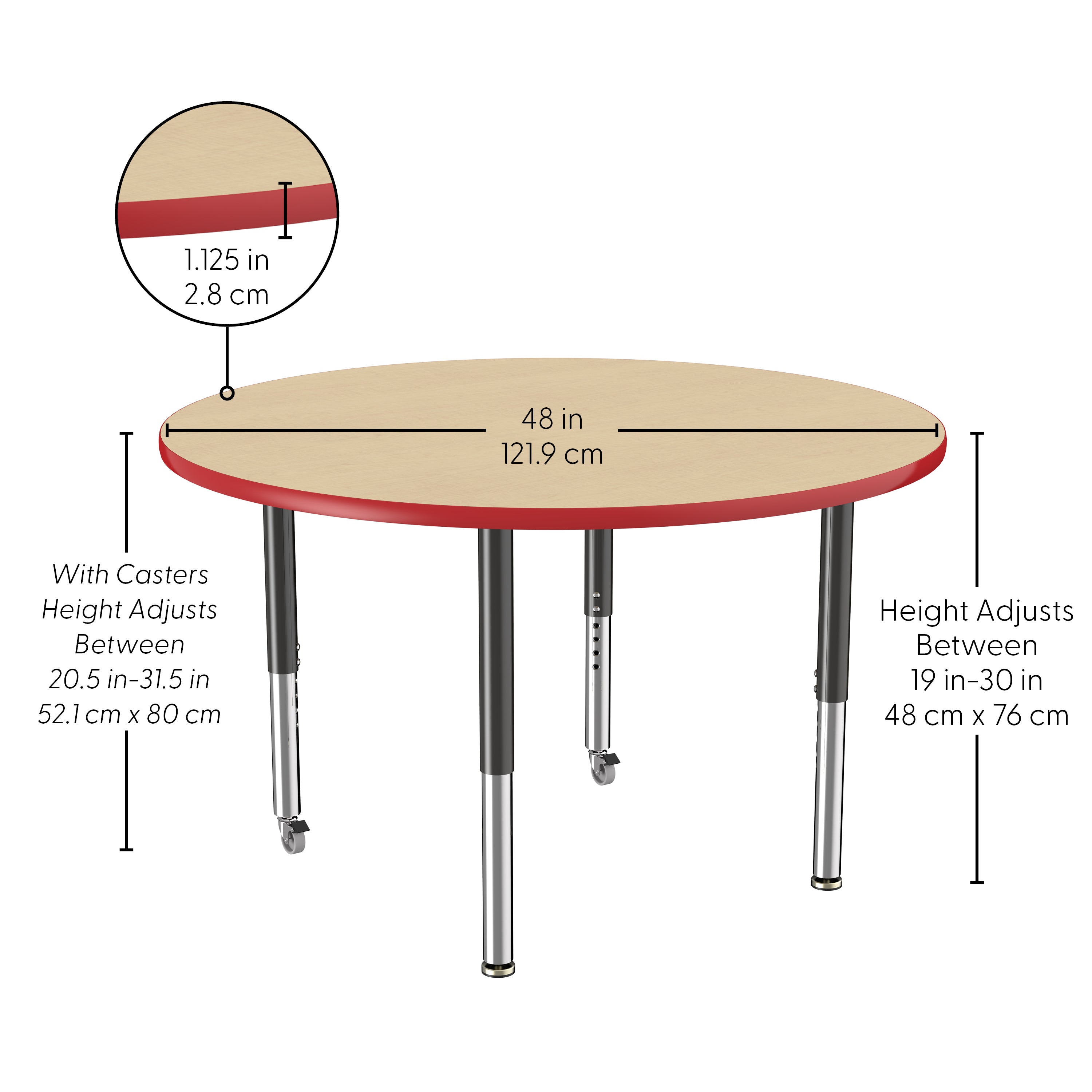 48" Round T-Molding Activity Table with Adjustable Super Legs - Maple/Red/Black
