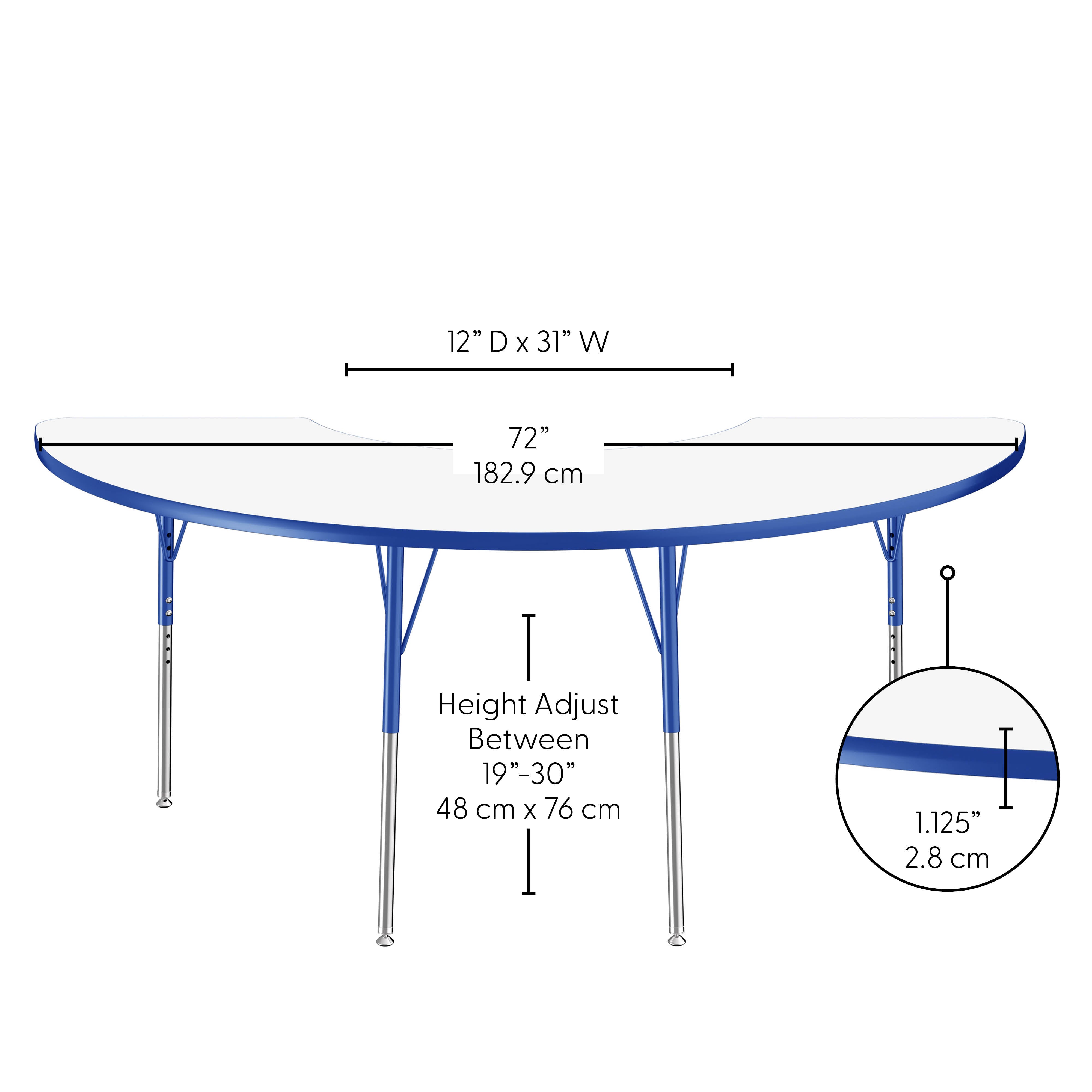 36" x 72" Half Moon Dry-Erase Activity Table with Adjustable Standard Swivel Glide Legs - Whiteboard/Blue