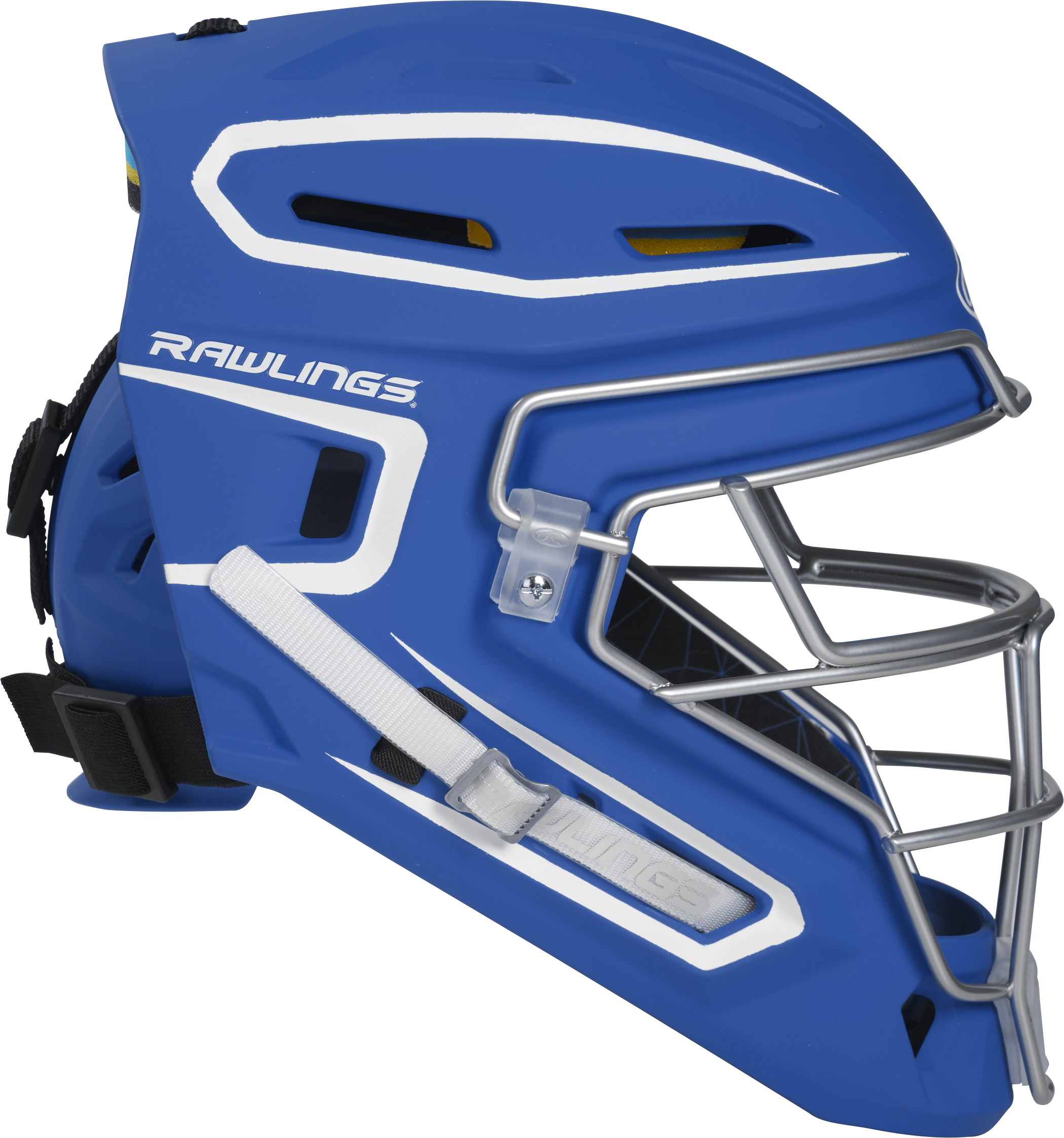 Rawlings Mach Matte 2-Tone Hockey Style Senior Catchers Helmet - Royal/White