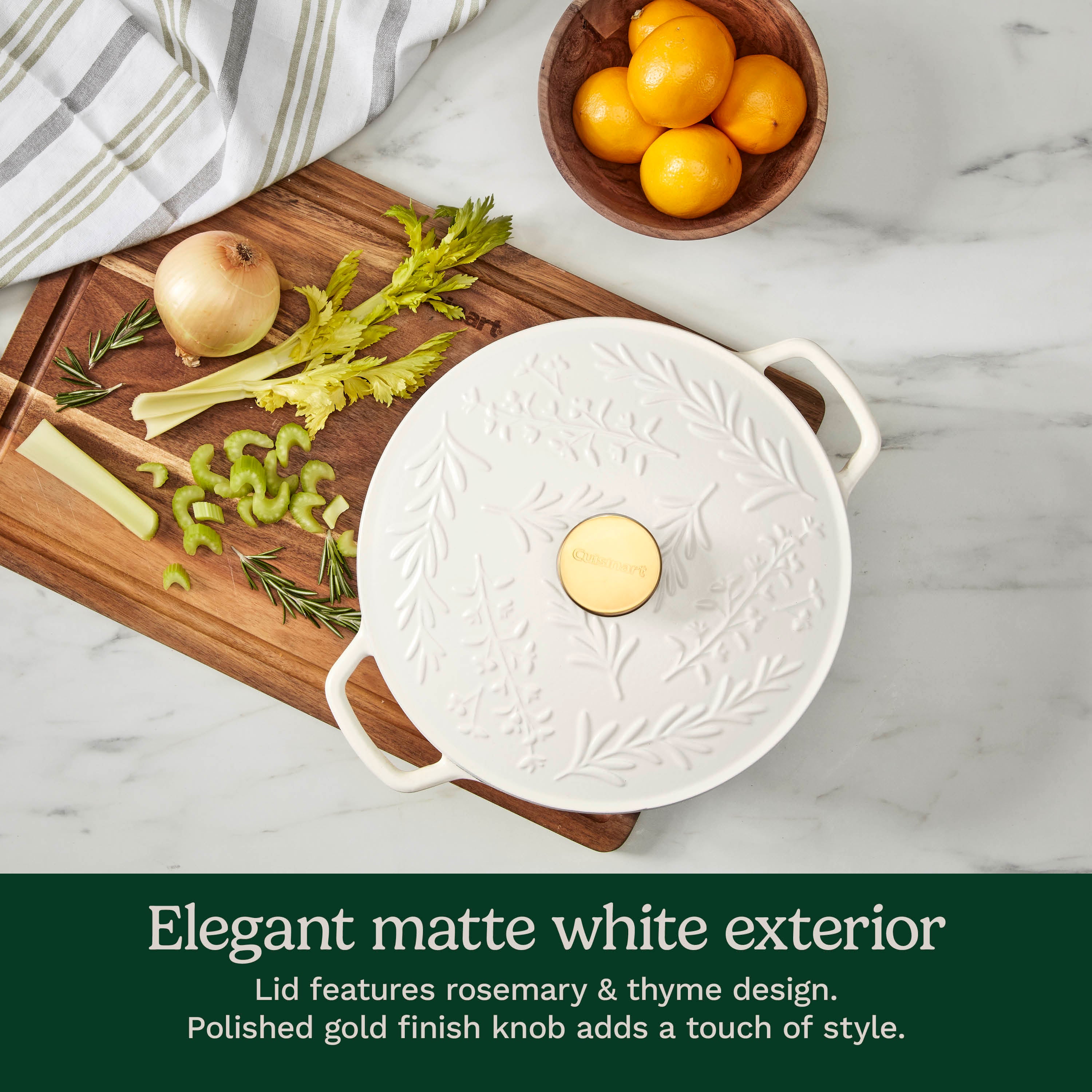 Earth & Essence 5 Qt. Casserole with Cover - Rosemary & Thyme Design - White