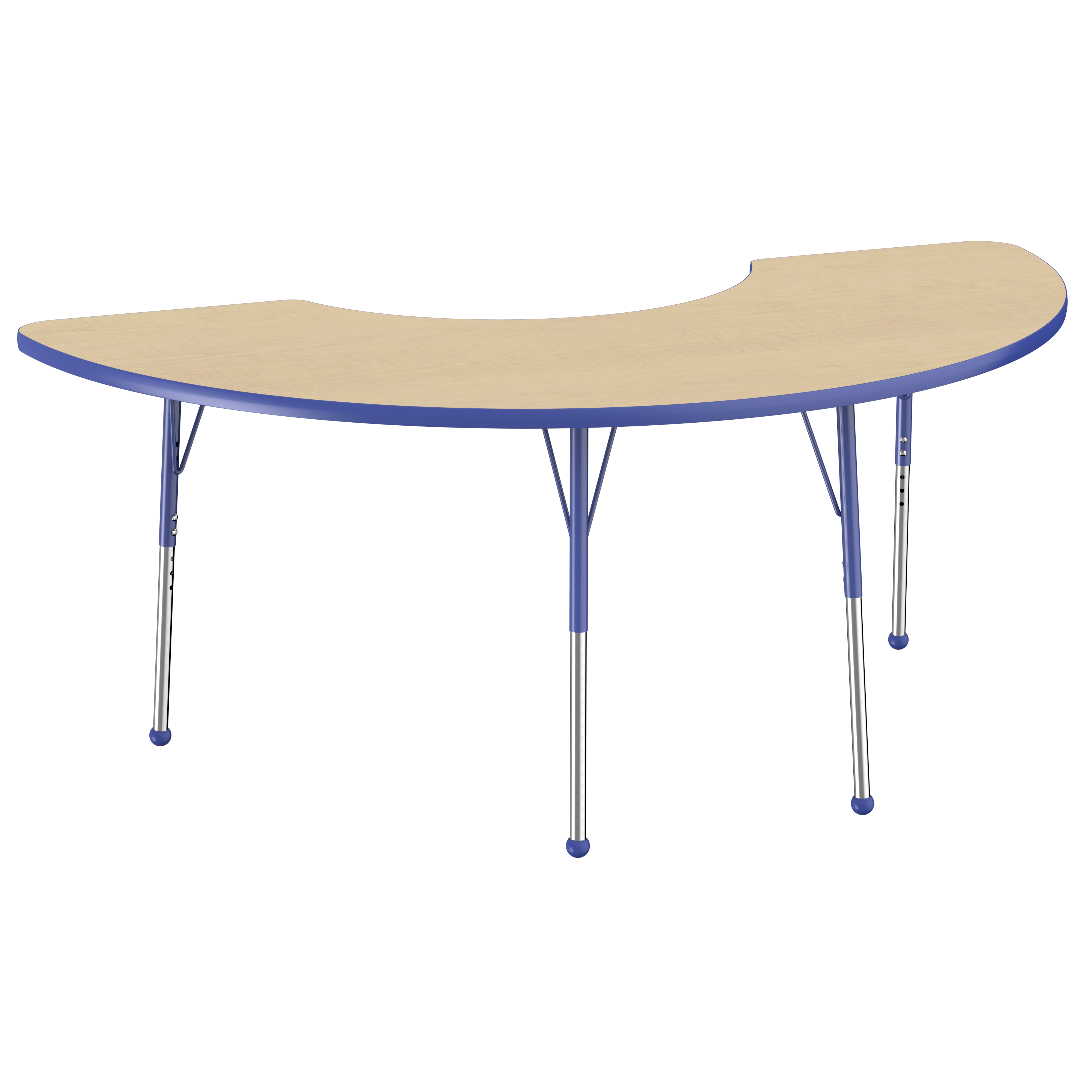 36" x 72" Half Moon T-Molding Activity Table with Adjustable Standard Ball Glide Legs - Maple/Blue