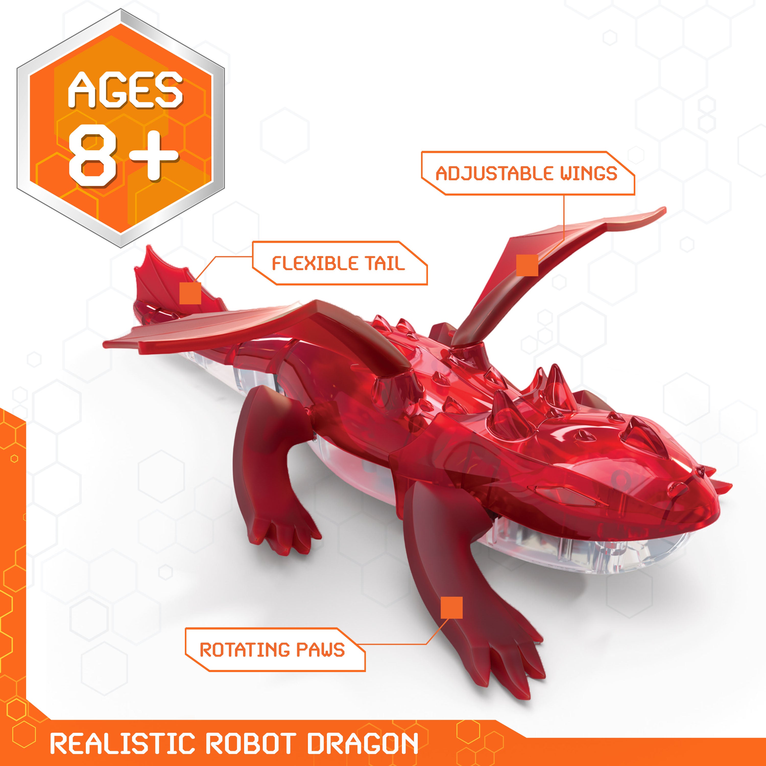 HEX BOTS Remote Control Dragon, Rechargeable Robot Dragon Toys for Kids, Adjustable Robotic Dragon Figure Toys for Boys & Girls Ages 4 & Up, Red