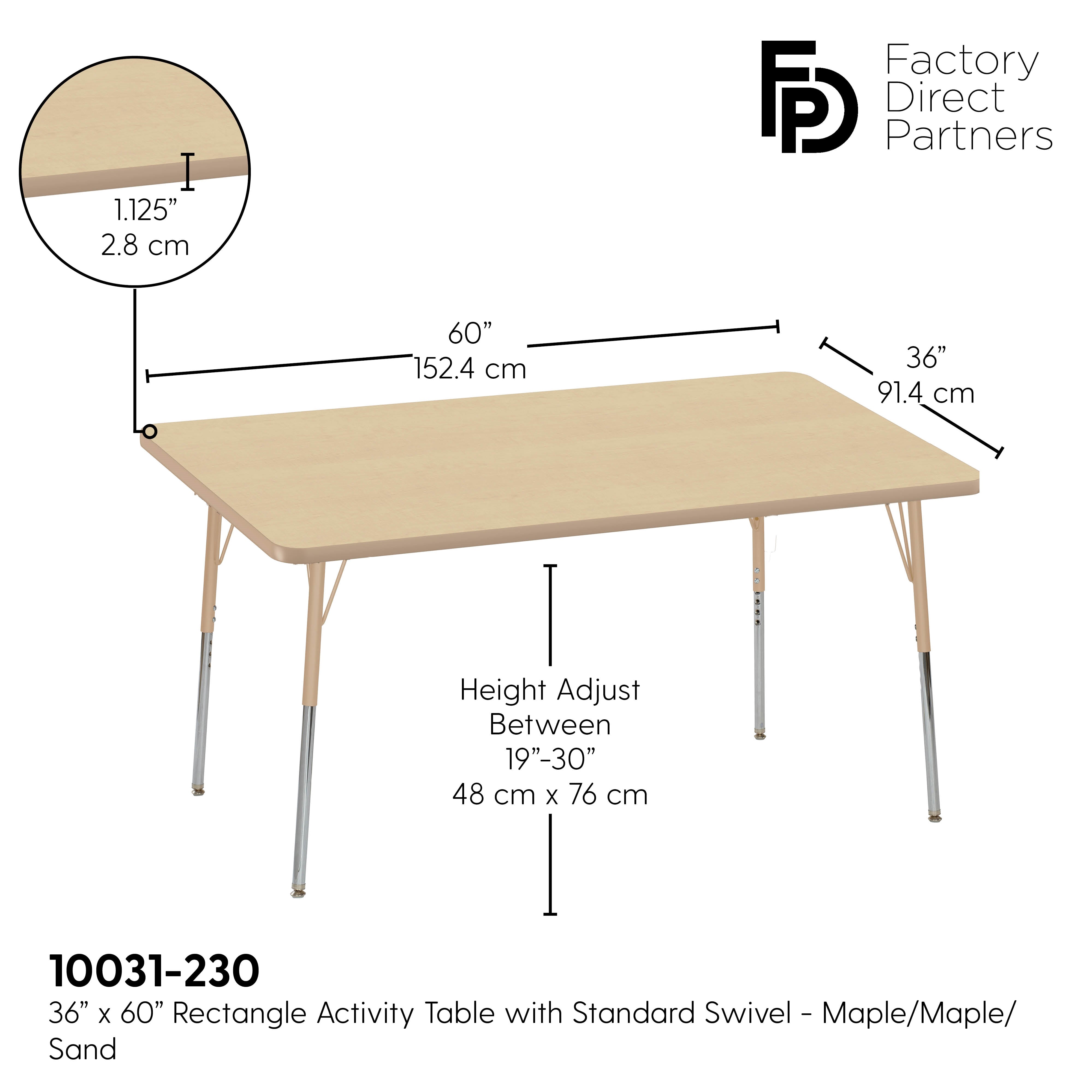 36" x 60" Rectangle T-Molding Activity Table with Adjustable Standard Swivel Glide Legs - Maple/Sand
