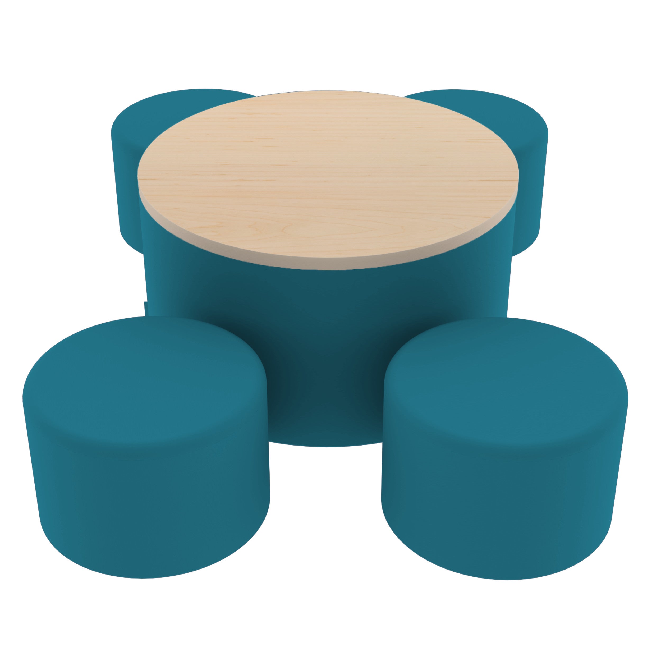 Pro Series 30" Round Ottoman Table with Round 12" H Seating, 5-Piece Set - Teal/Maple