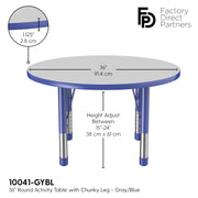 36" Round T-Molding Activity Table with Adjustable Chunky Legs - Gray/Blue