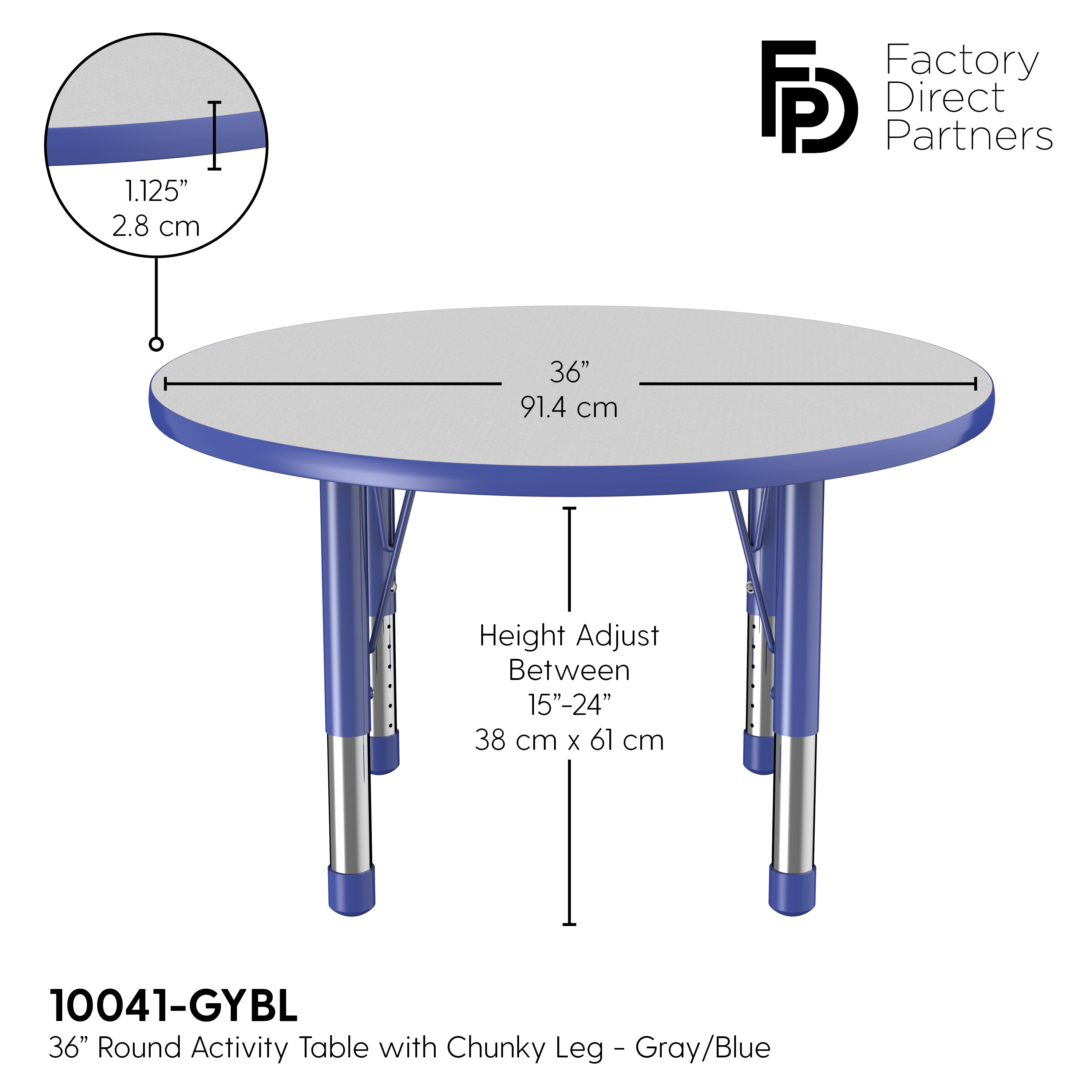 36" Round T-Molding Activity Table with Adjustable Chunky Legs - Gray/Blue
