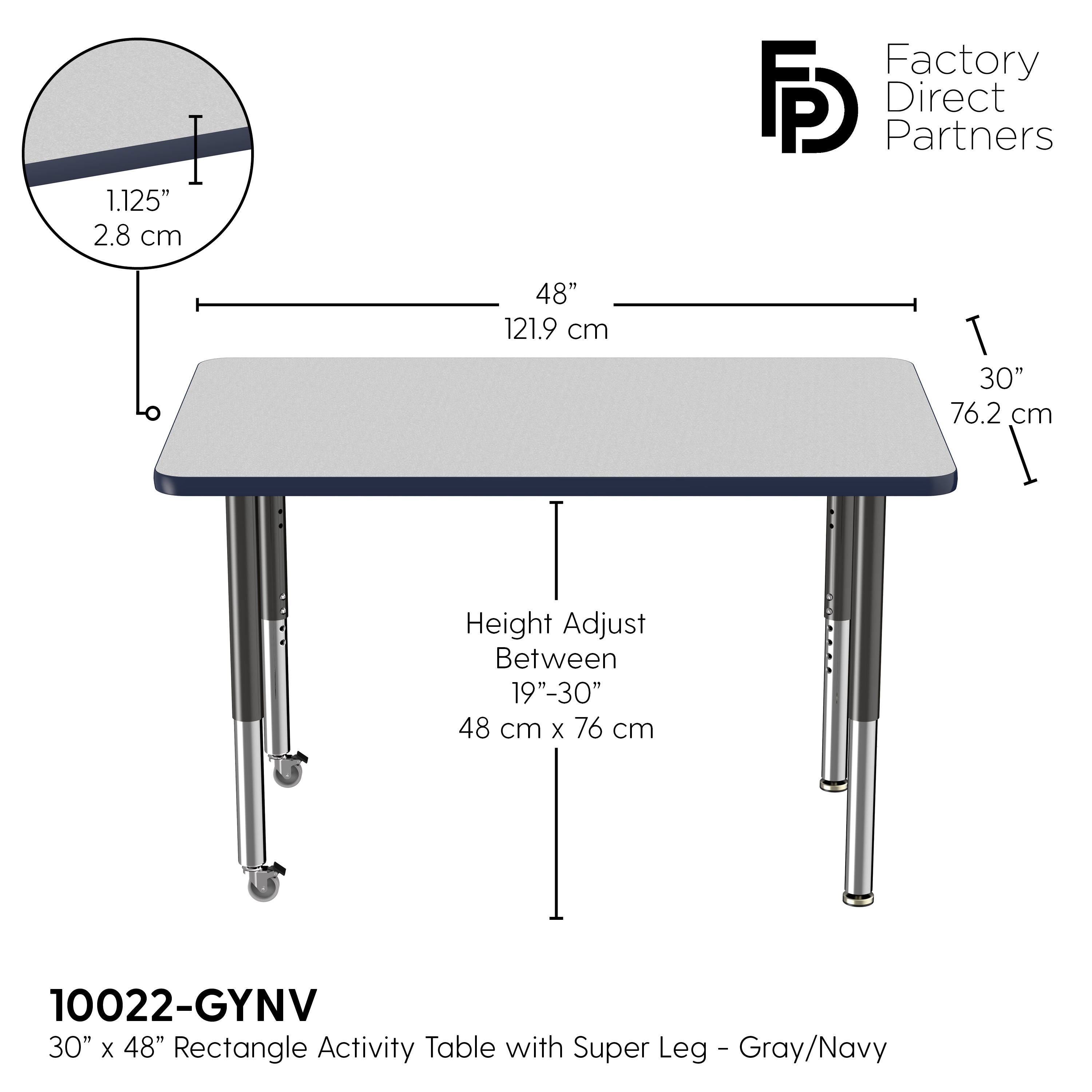 30" x 48" Rectangle T-Molding Activity Table with Adjustable Super Legs - Gray/Navy/Black