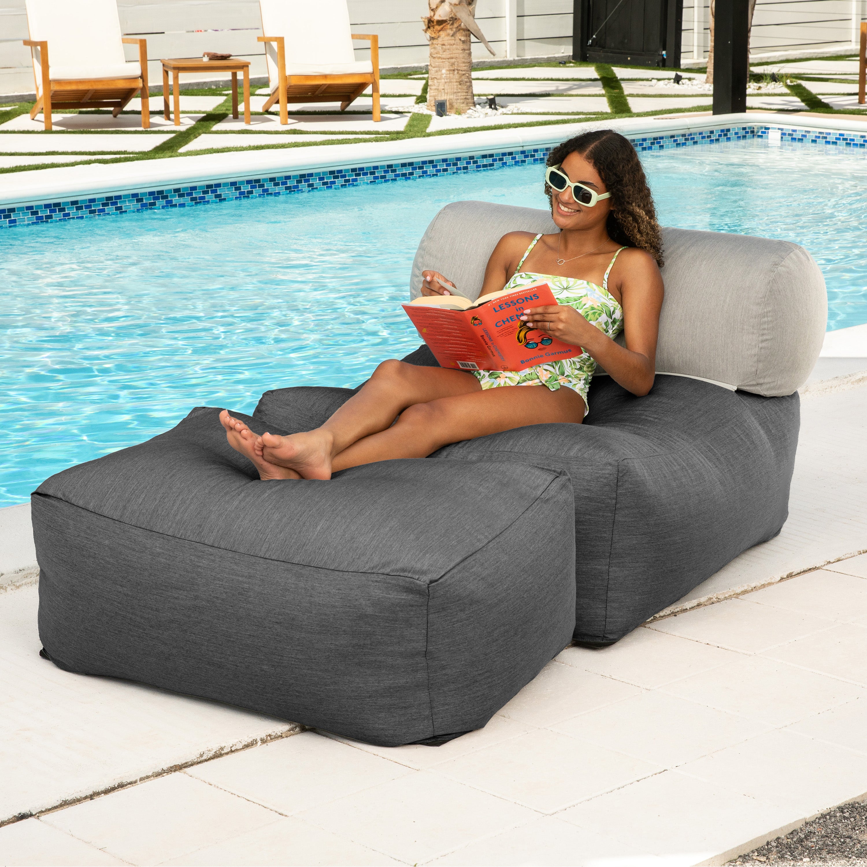 Jaxx Tybee Large Outdoor Lounge w/ Bolster and Ottoman - Sunbrella Charcoal