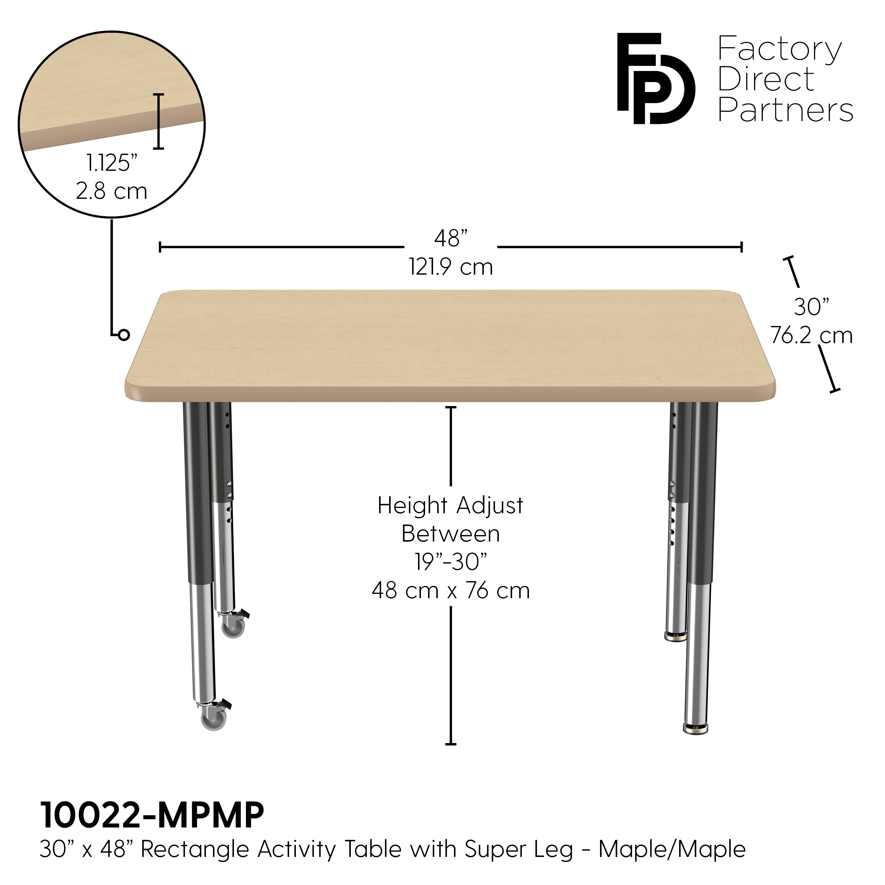 30" x 48" Rectangle T-Molding Activity Table with Adjustable Super Legs - Maple/Maple/Black