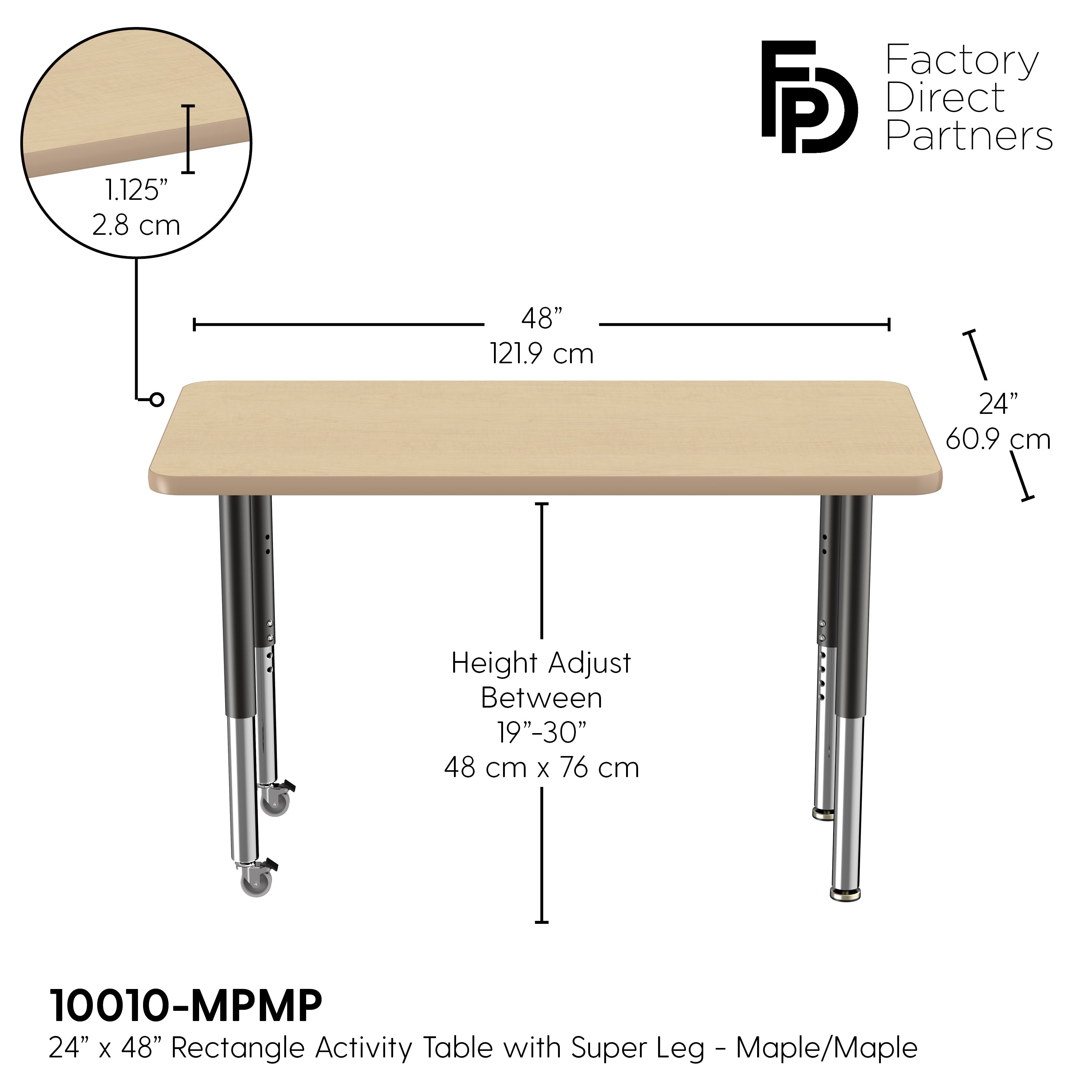 24" x 48" Rectangle T-Molding Activity Table with Adjustable Super Legs - Maple/Maple/Black