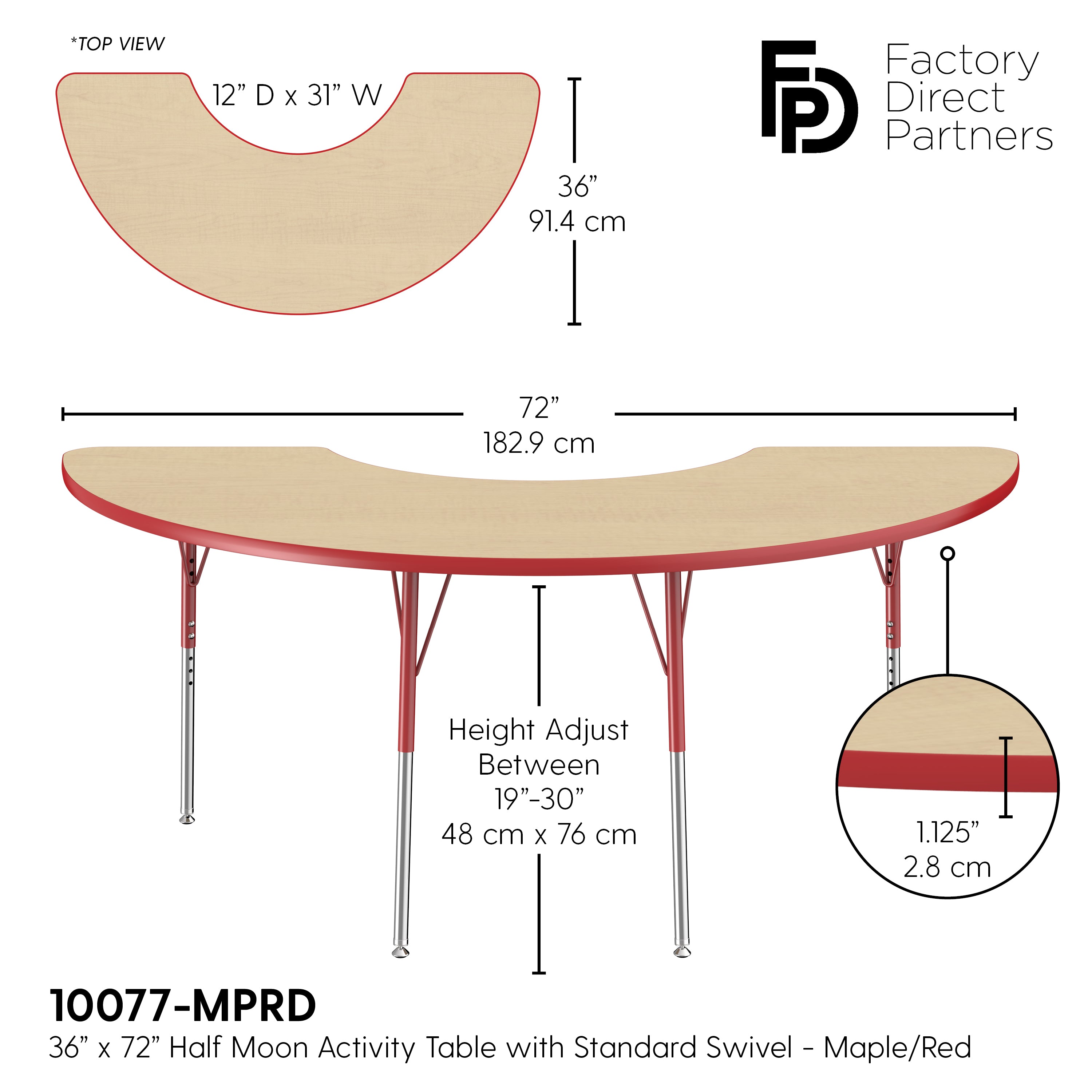 36" x 72" Half Moon T-Molding Activity Table with Adjustable Standard Swivel Glide Legs - Maple/Red