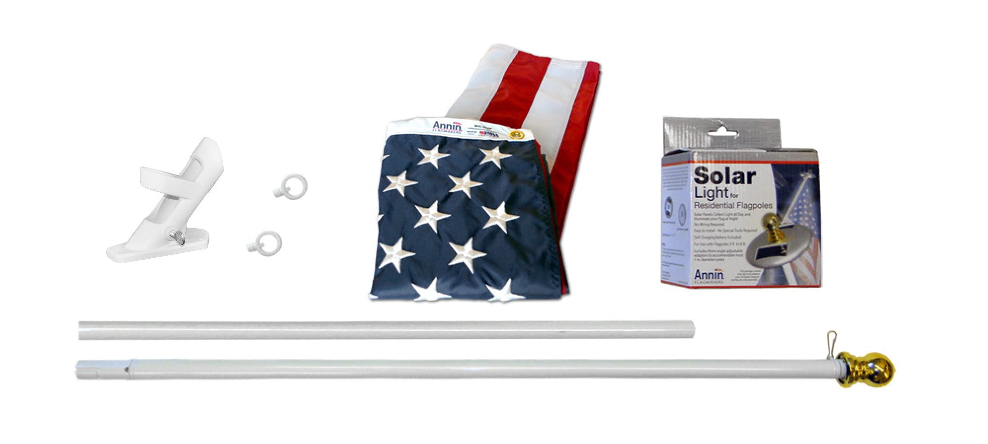 American Flag and Flagpole Set - 6 ft. Aluminum Spinner Pole that Rotates 360 Degrees, Includes a Solar Light and US Flag 3x5 ft. SolarGuard Nylon by Annin Flagmakers, Mansion Kit Model 42914