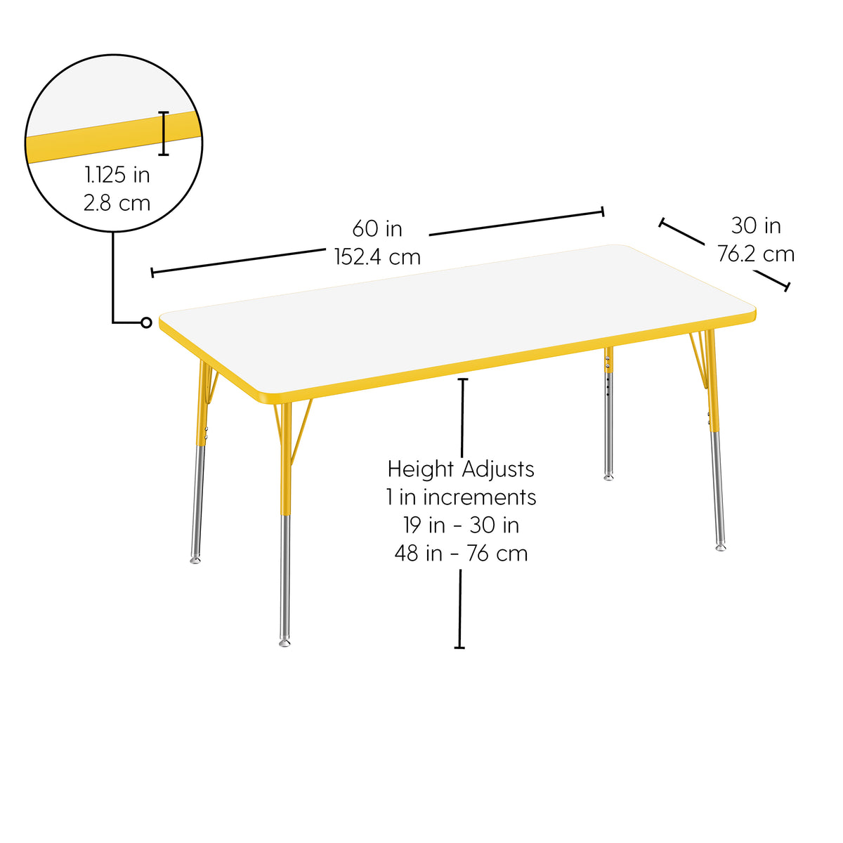 30" x 60" Rectangle Dry-Erase Activity Table with Adjustable Standard Swivel Glide Legs - Whiteboard/Yellow