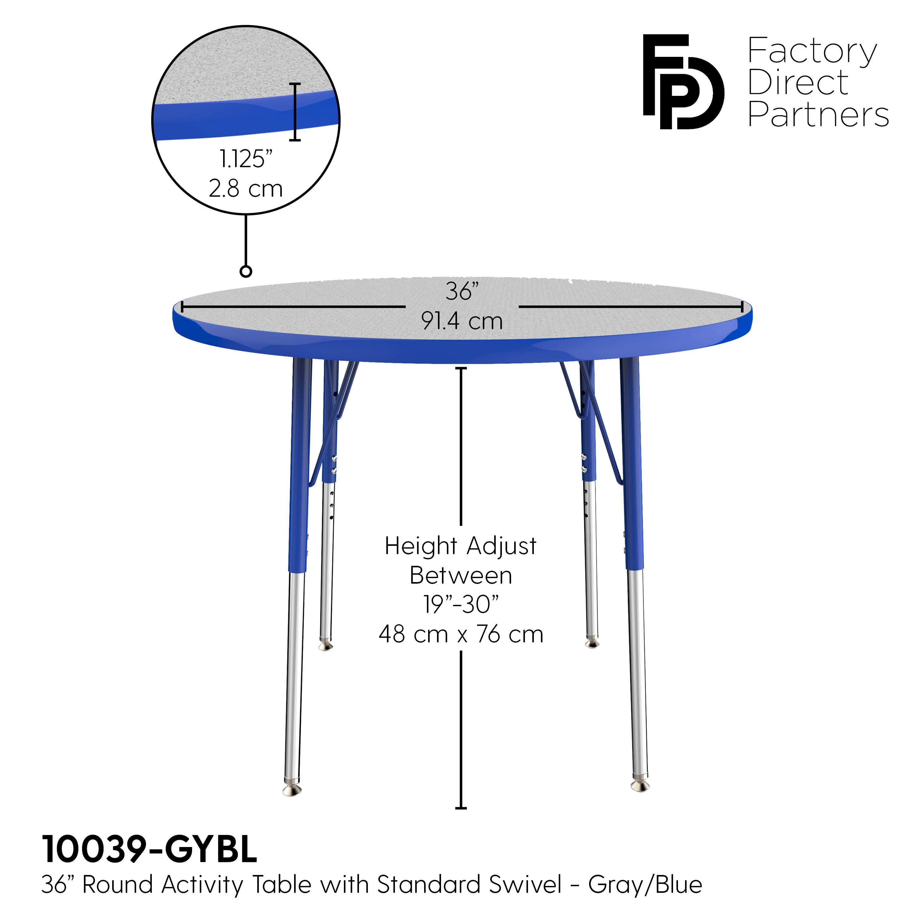 36" Round T-Molding Activity Table with Adjustable Standard Swivel Glide Legs - Gray/Blue