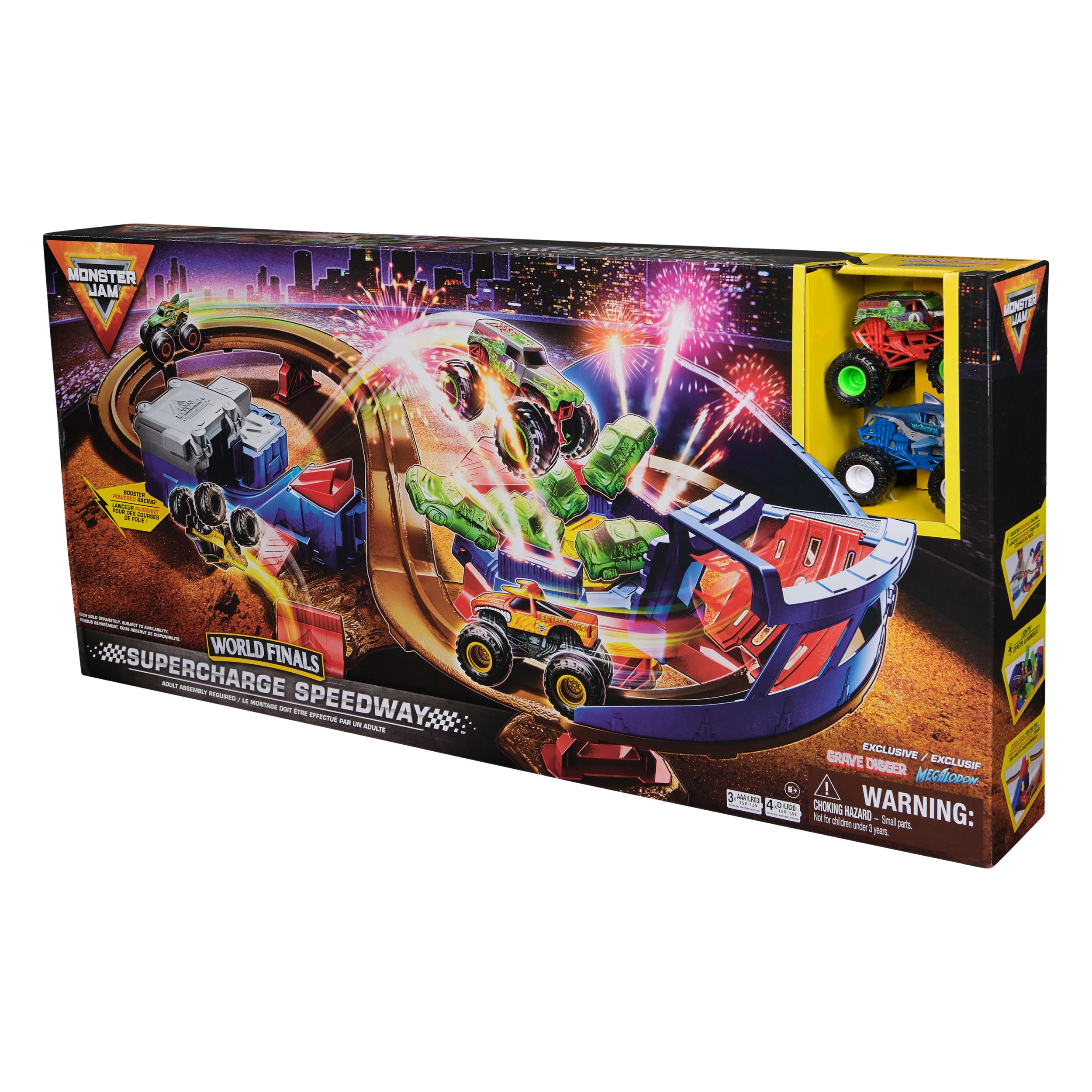Monster Jam, Supercharge Speedway Playset, Megalodon and El Toro Loco Die-Cast Monster Trucks, Light Up World Finals Track Kids Toys for Boys Ages 3+