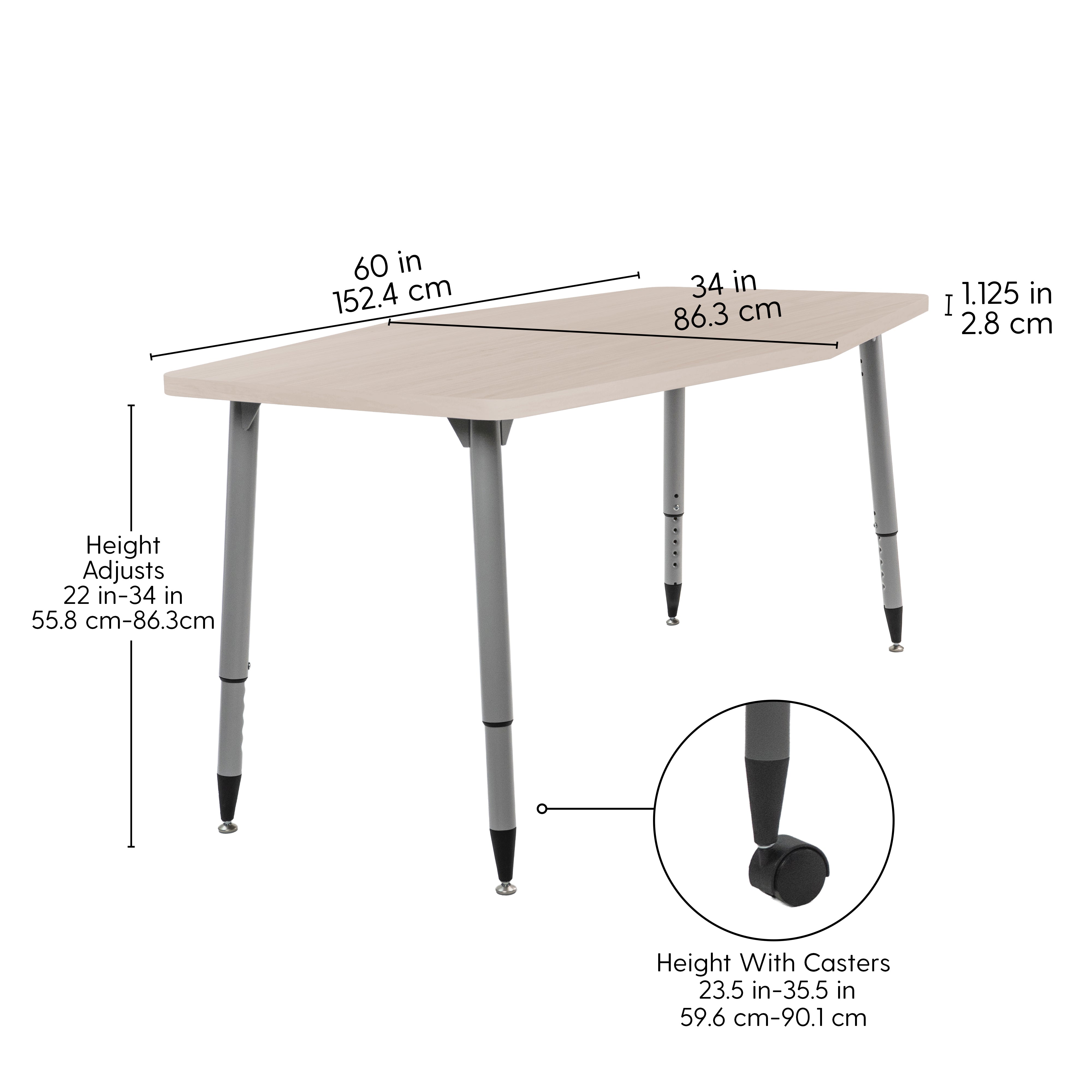 Adapte 34" x 60" Long Hexagon Woodgrain Activity Table with Adjustable Tapered Legs - Asian Sand/Silver