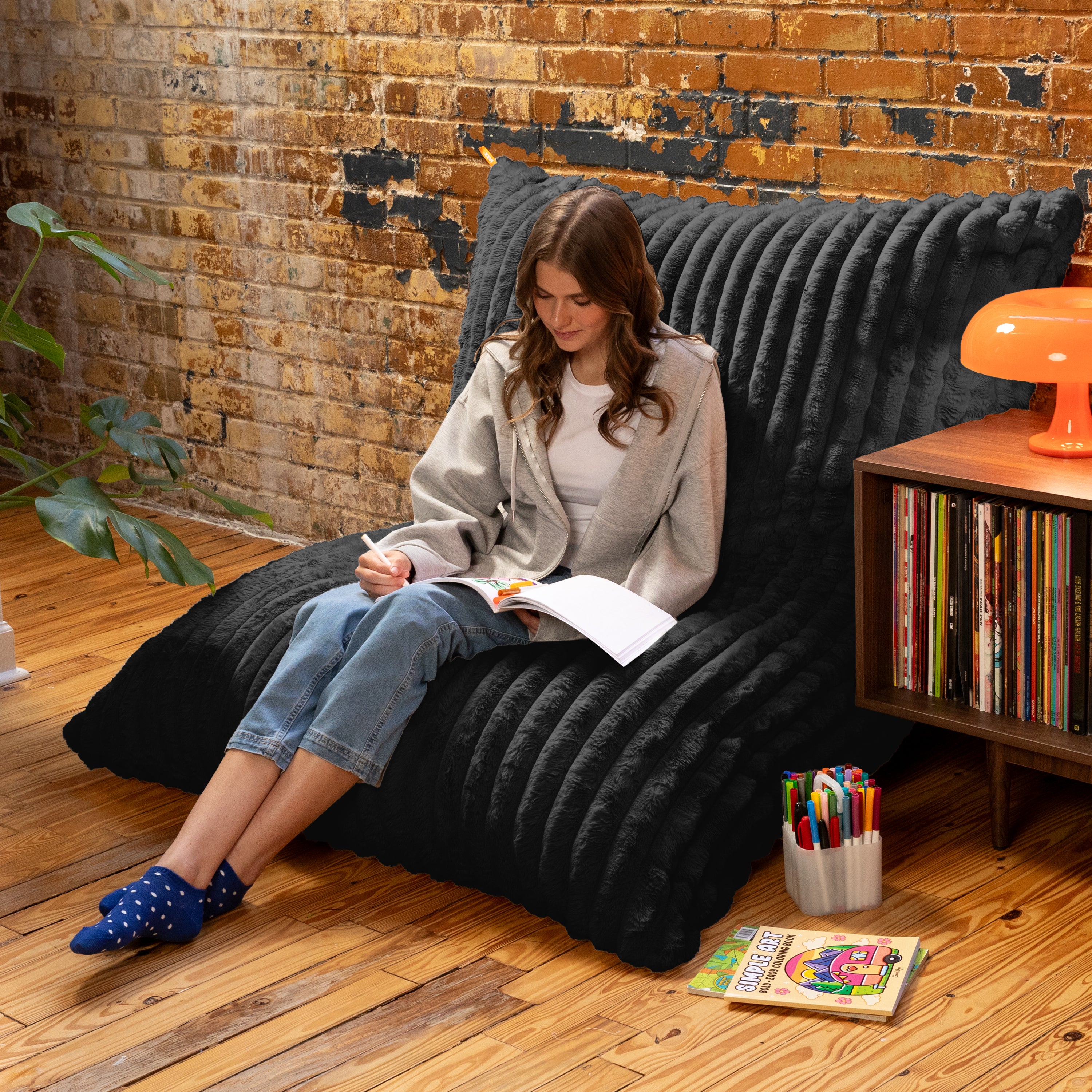 Pillow Saxx Bean Bag Rocking Chair - Elegant Oversized Rocker with Modern Wood Frame, Mondo Fur Black