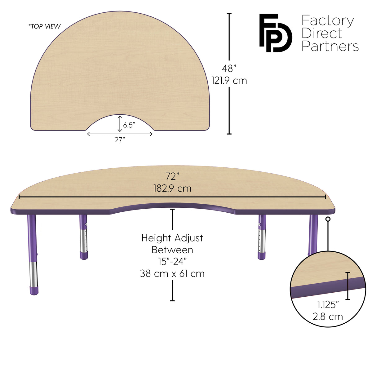 48" x 72" Kidney T-Molding Activity Table with Adjustable Chunky Legs - Maple/Purple