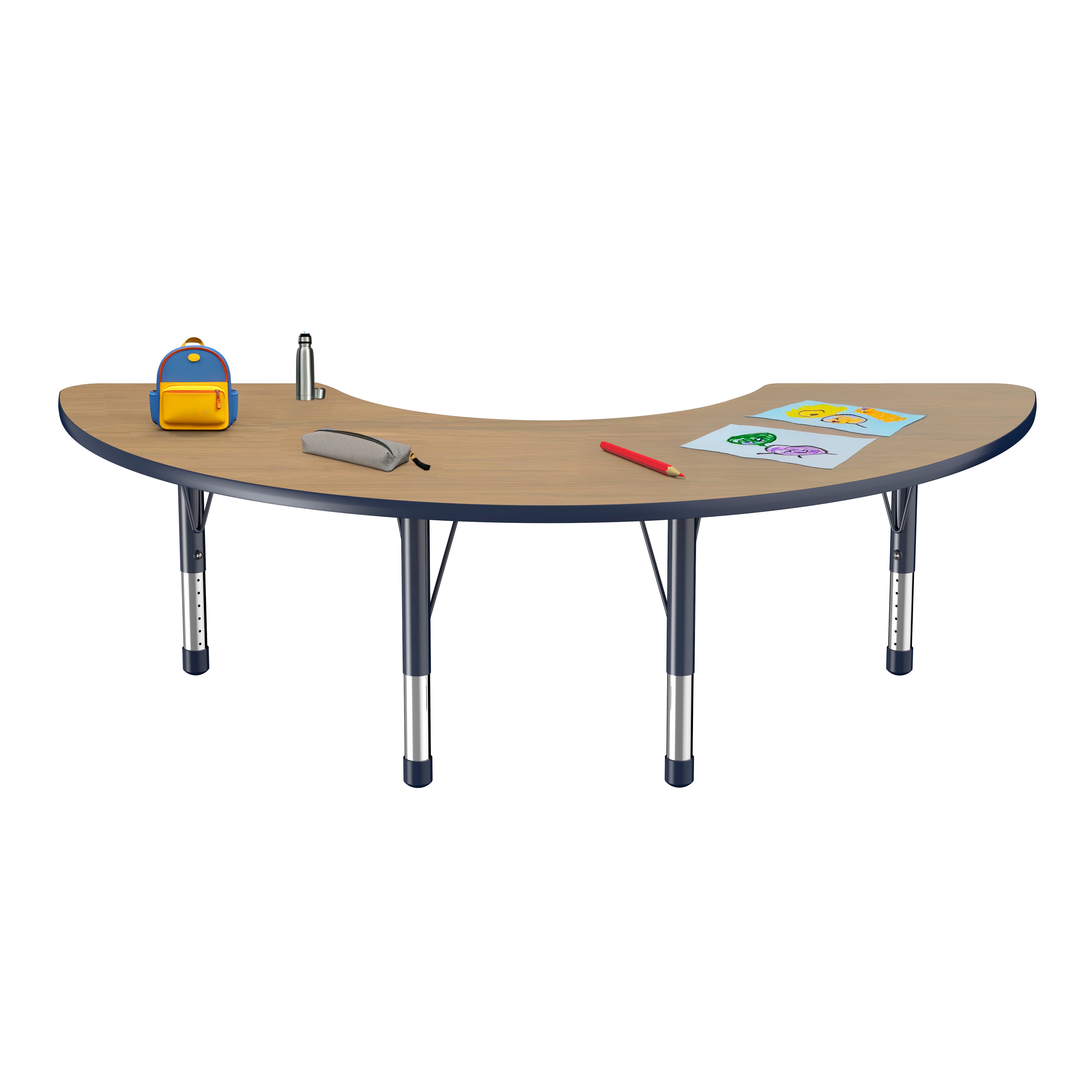 36" x 72" Half Moon T-Molding Activity Table with Adjustable Chunky Legs - Pasadena Oak/Navy