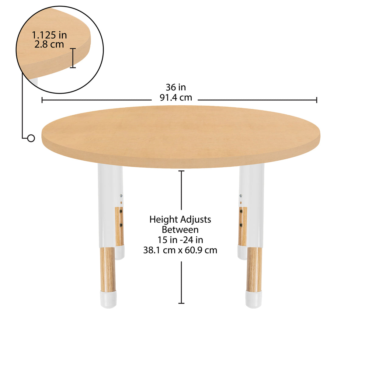 36" x 36" Round Thermofused Activity Table with Adjustable Chunky Wood Legs - Maple Grain/White/Natural
