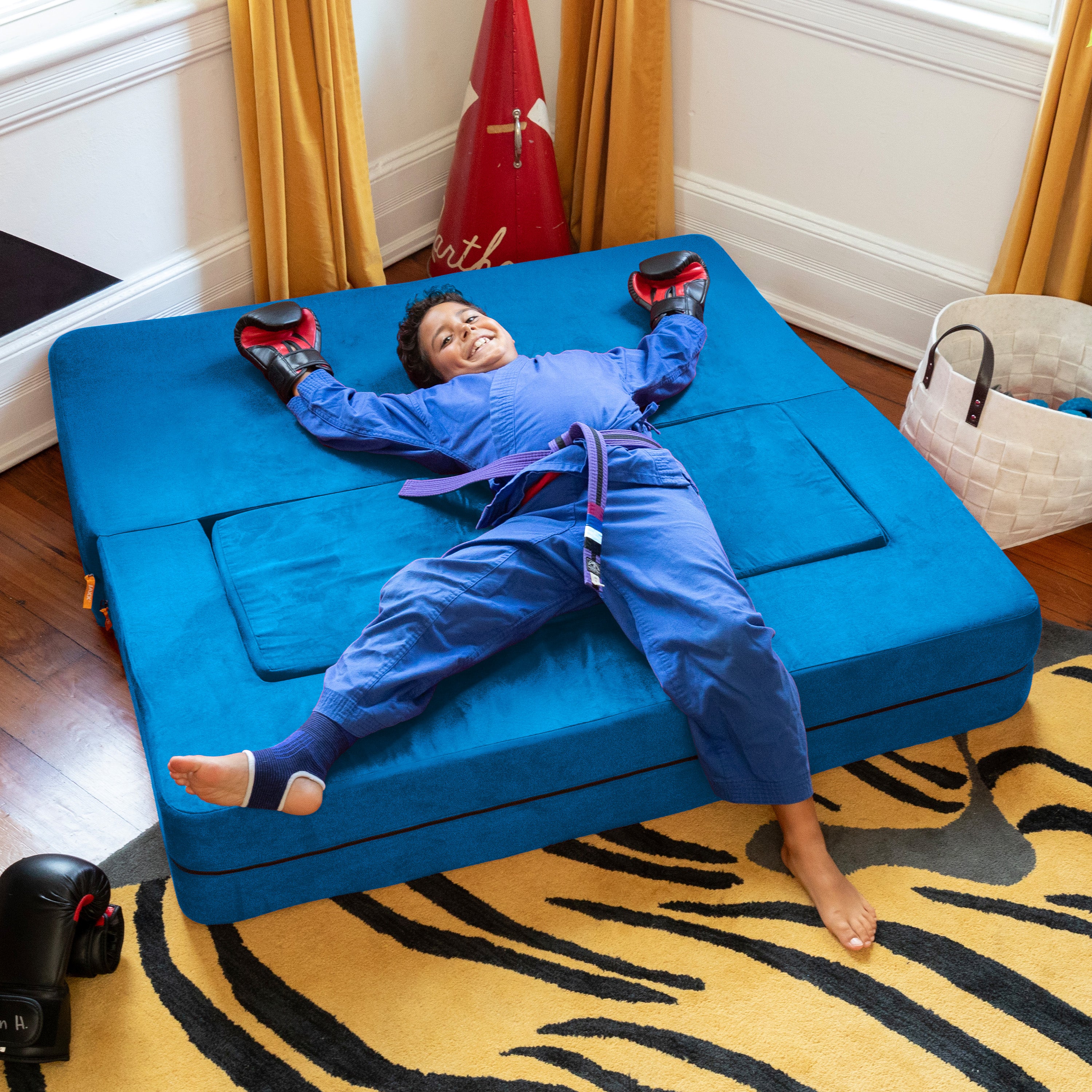 Jaxx Zipline Kids Sofa & Large Ottoman, 3 in 1 Fold Out Sofa, Big Kids Edition, Blueberry