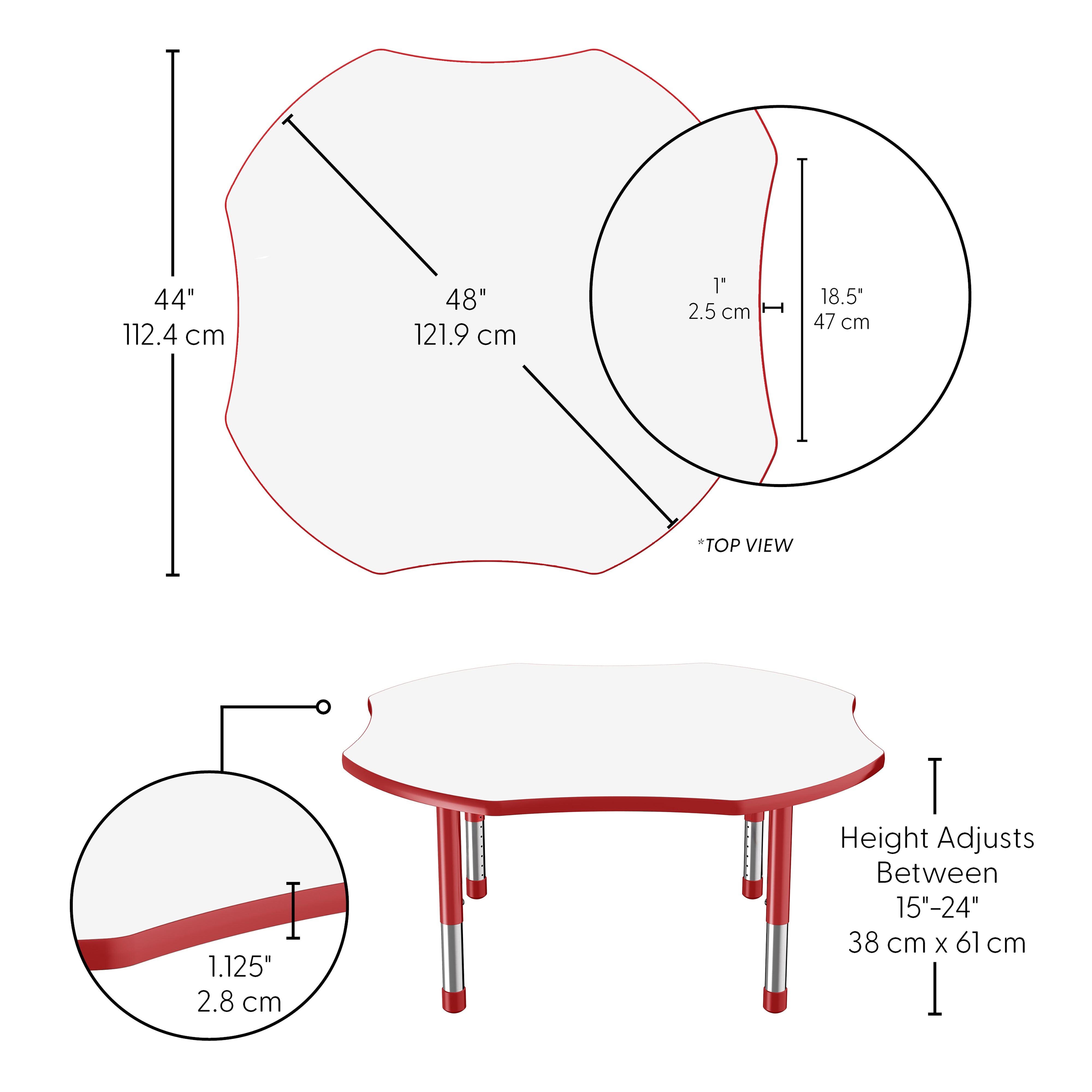 48" x 48" Clover Dry-Erase Activity Table with Adjustable Chunky Legs - Whiteboard/Red